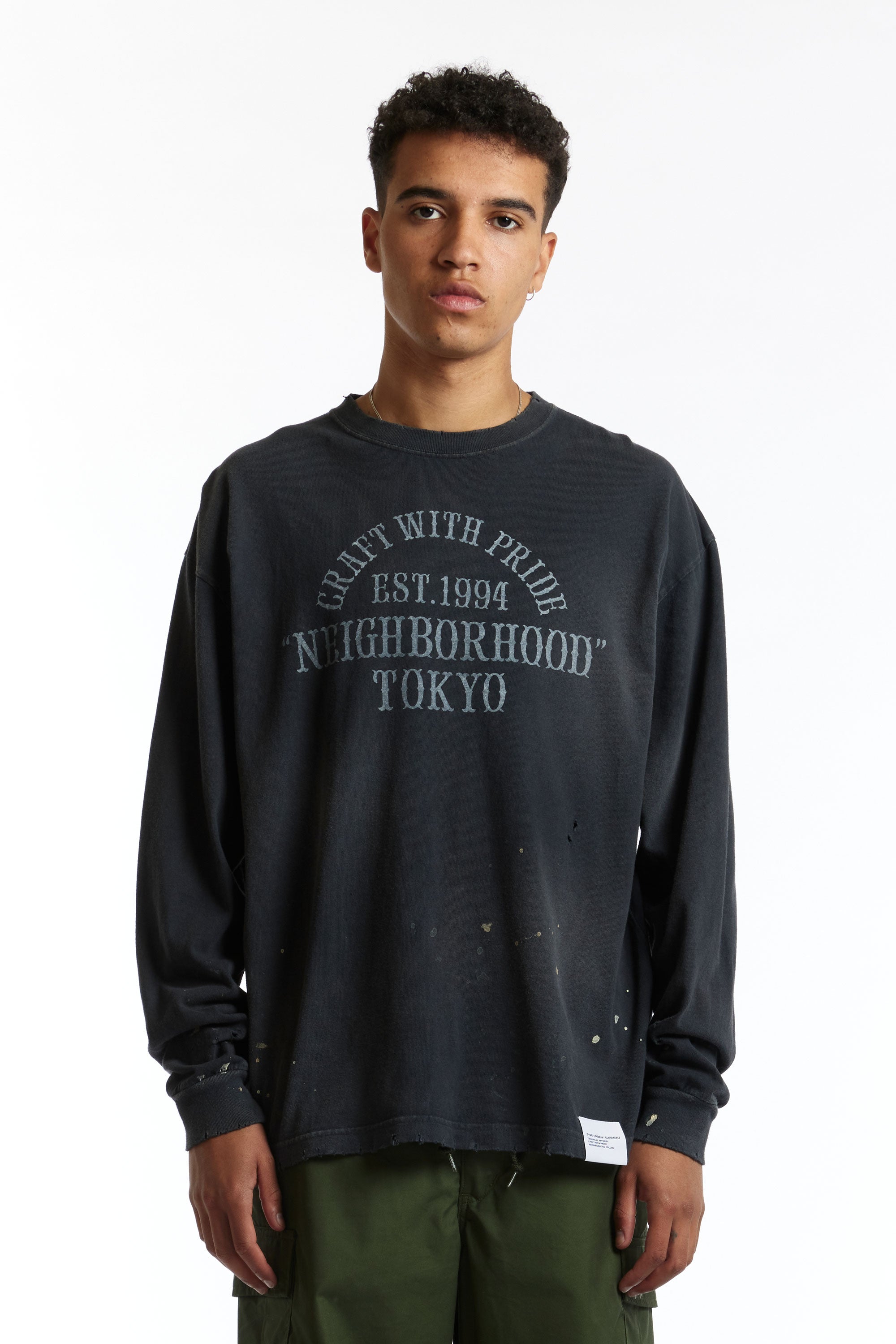 The NEIGHBORHOOD - DAMAGE LONGSLEEVE CREW BLACK available online with global shipping, and in PAM Stores Melbourne and Sydney.