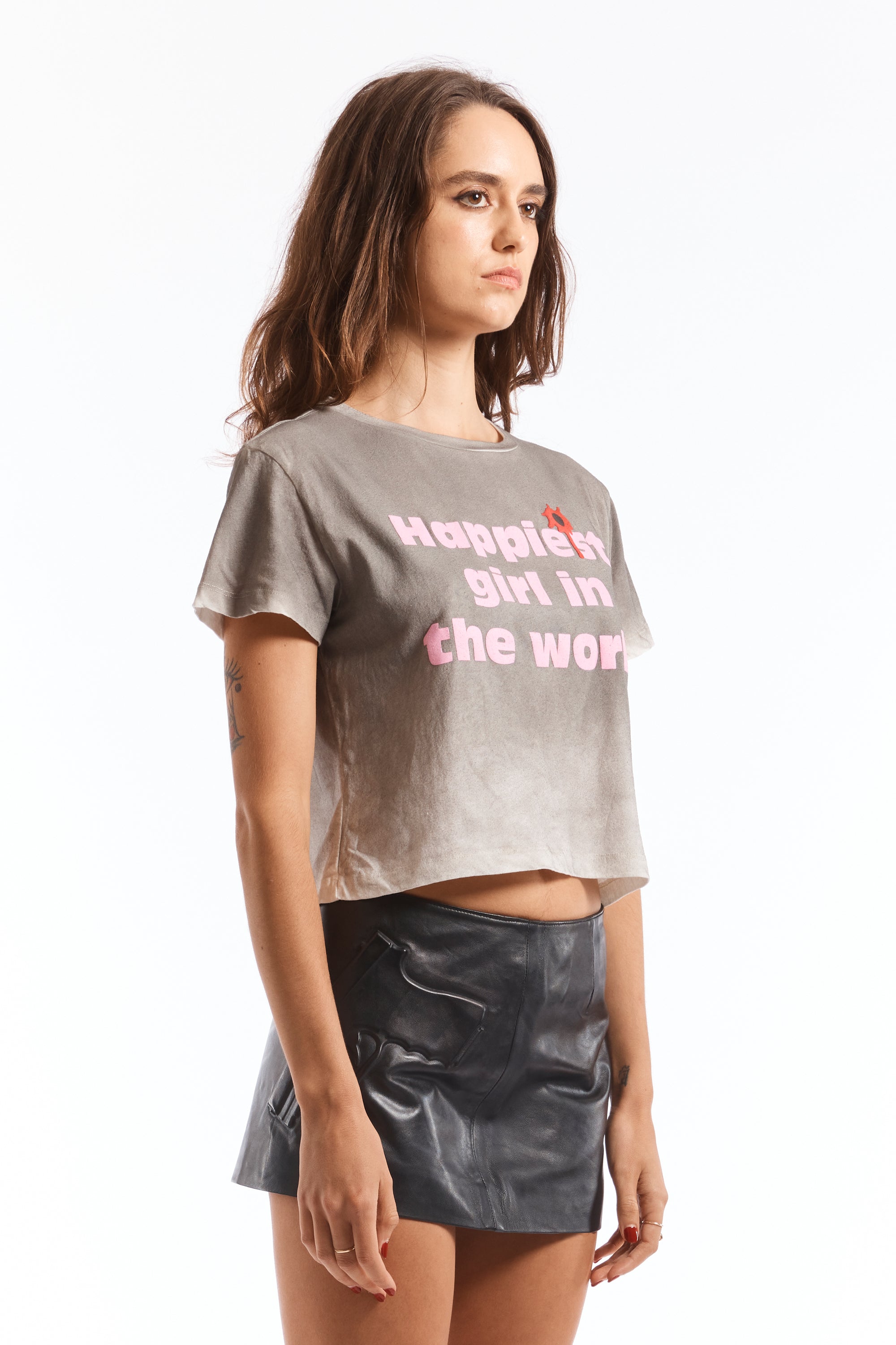 The WASHED GREY HAPPY CROPPED T-SHIRT available online with global shipping, and in PAM Stores Melbourne and Sydney.