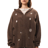 HOLE KNIT ZIP HOODIE BROWN