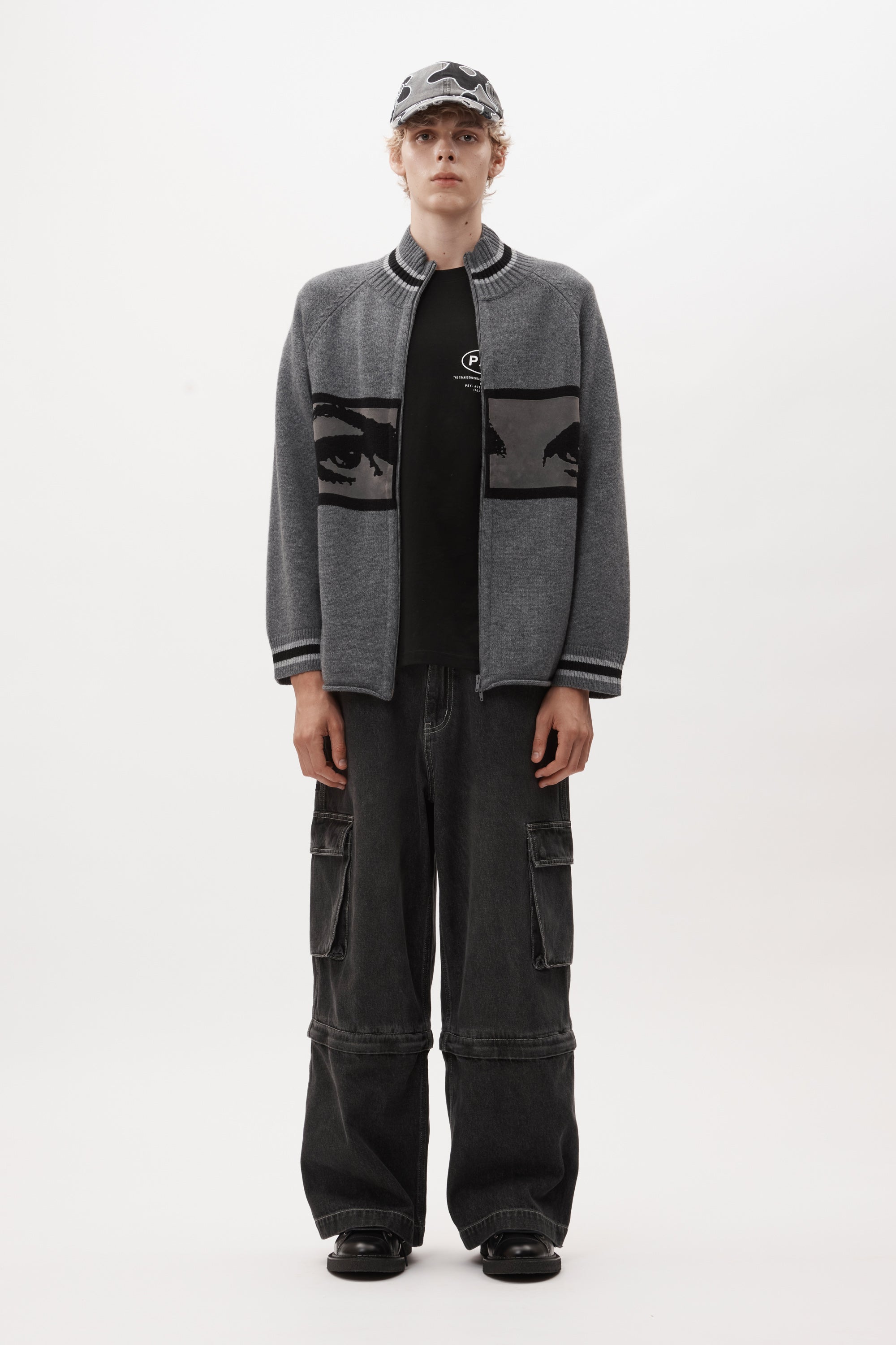The EYES ZIP THRU KNIT CARDIGAN available online with global shipping, and in PAM Stores Melbourne and Sydney.