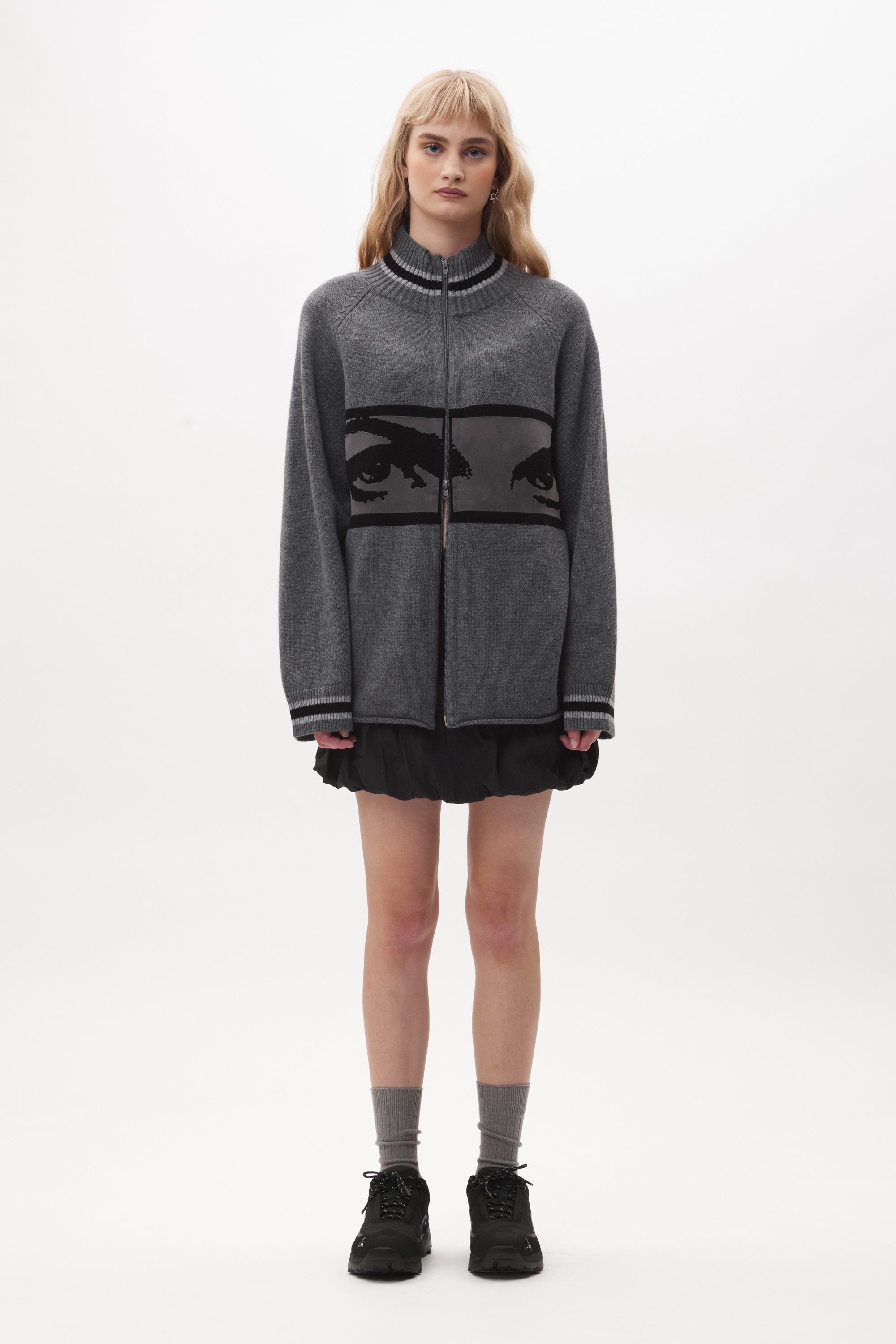 The EYES ZIP THRU KNIT CARDIGAN available online with global shipping, and in PAM Stores Melbourne and Sydney.