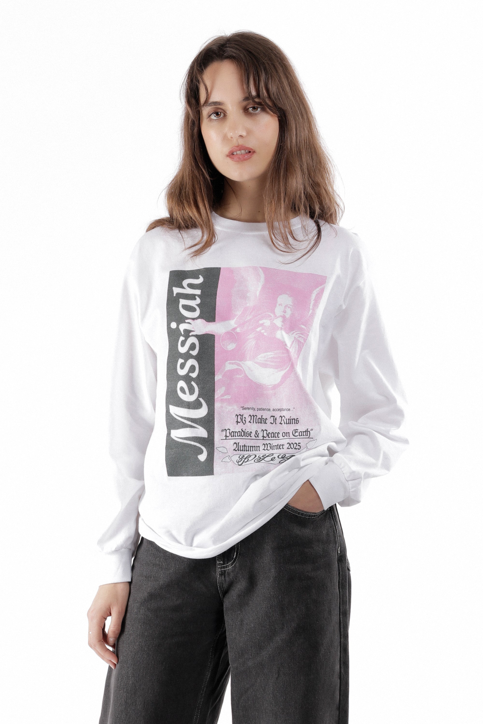 The Messiah Longsleeve T-shirt White available online with global shipping, and in PAM Stores Melbourne and Sydney.