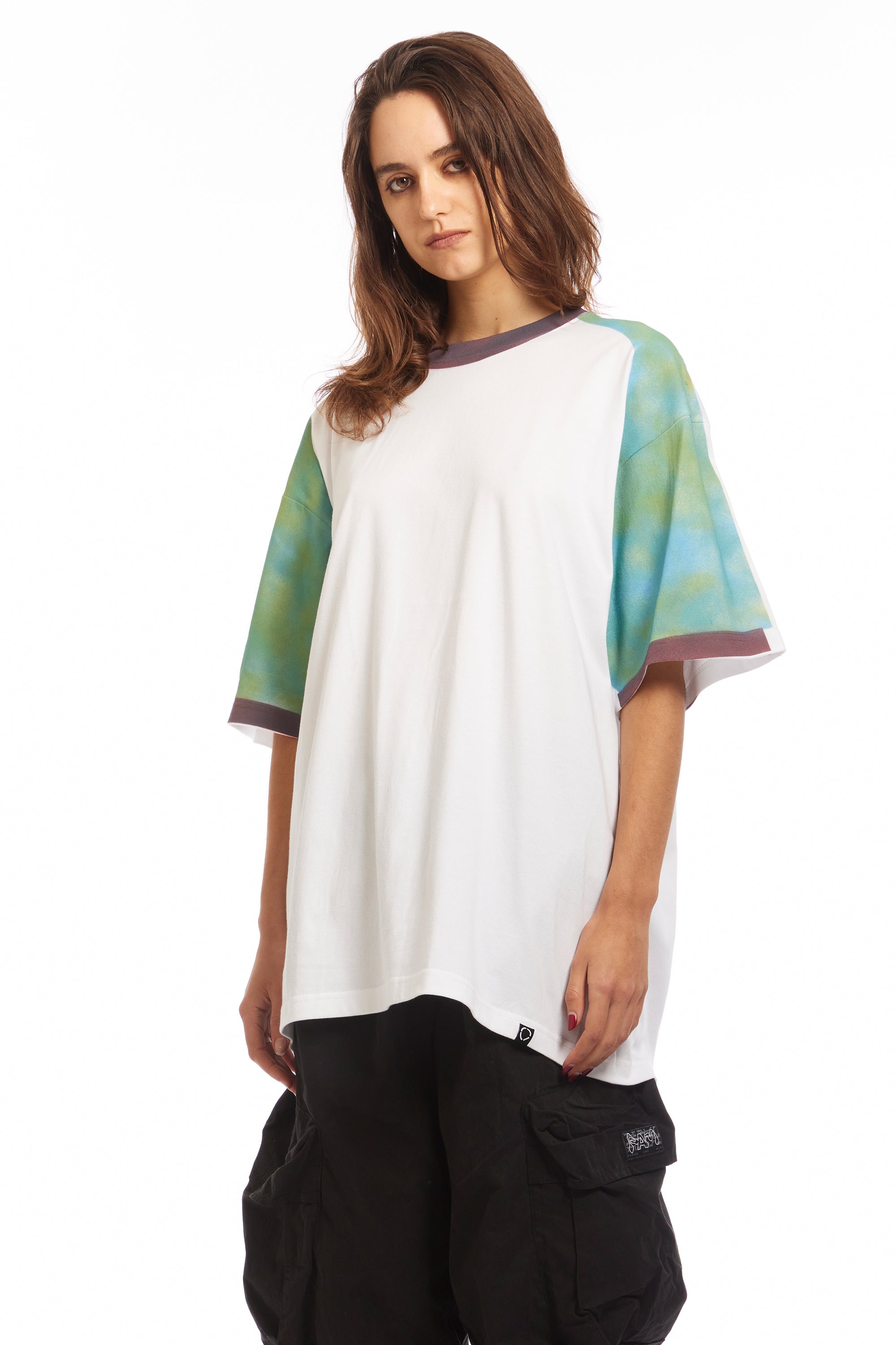 The STENCIL RAGLAN S/S TEE WHITE available online with global shipping, and in PAM Stores Melbourne and Sydney.