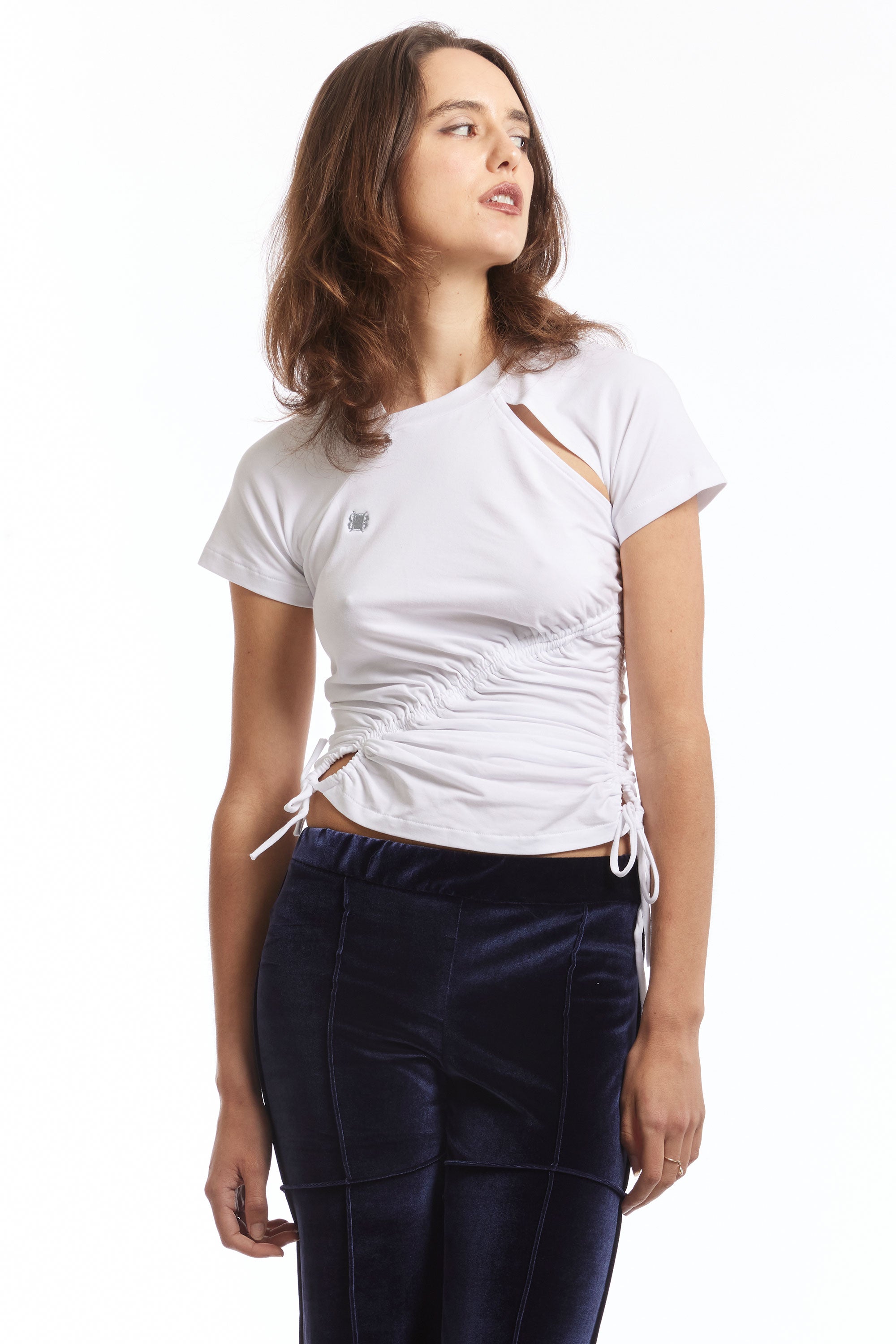The RUCHED SS TEE WHITE available online with global shipping, and in PAM Stores Melbourne and Sydney.