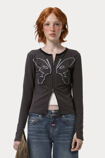 The KOSMIC KISS ZIPPED CARDIGAN available online with global shipping, and in PAM Stores Melbourne and Sydney.