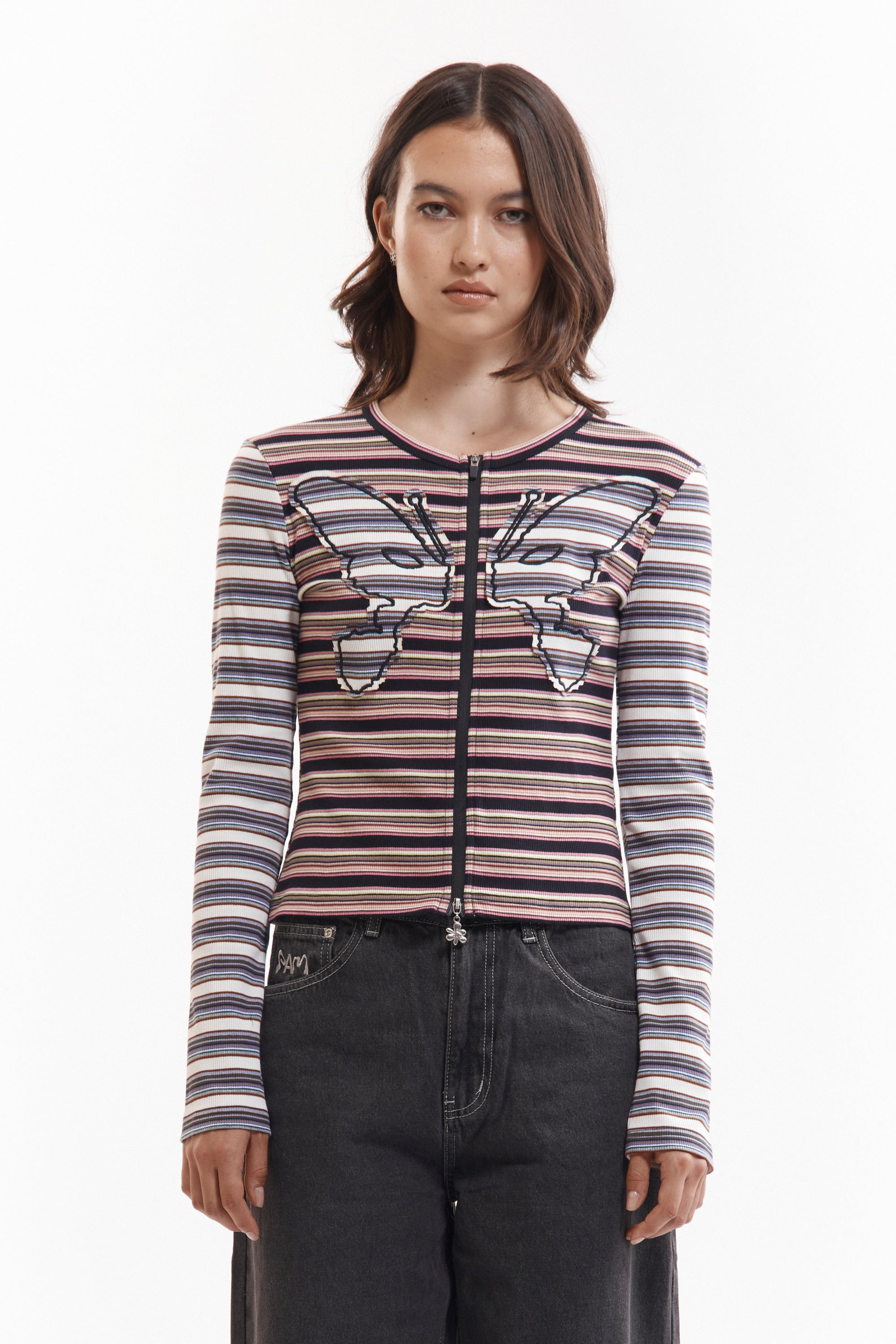 The LINE WALK STRIPED CARDIGAN available online with global shipping, and in PAM Stores Melbourne and Sydney.