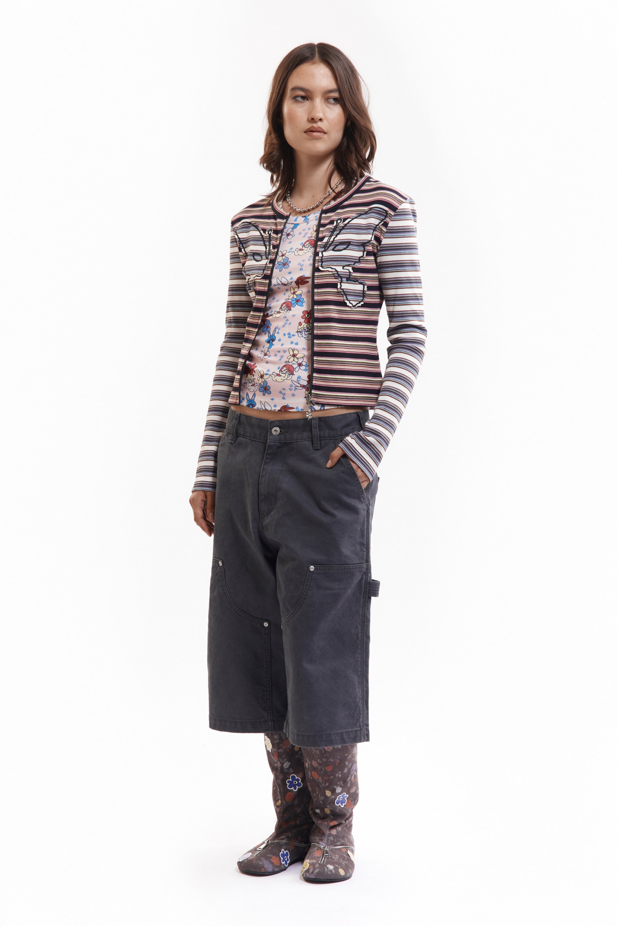 The LINE WALK STRIPED CARDIGAN available online with global shipping, and in PAM Stores Melbourne and Sydney.