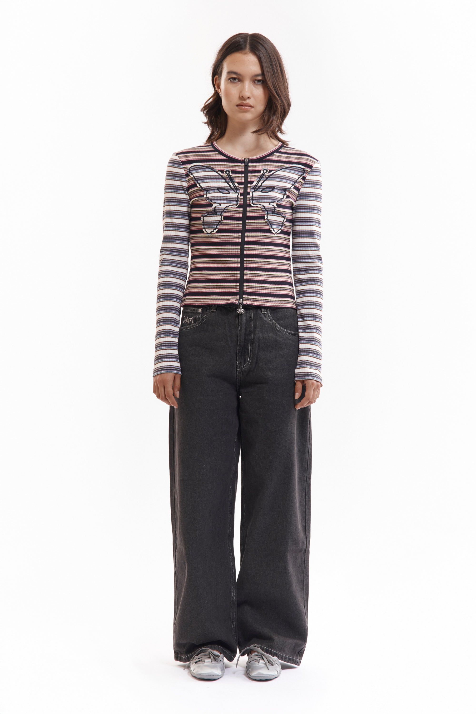 The LINE WALK STRIPED CARDIGAN available online with global shipping, and in PAM Stores Melbourne and Sydney.