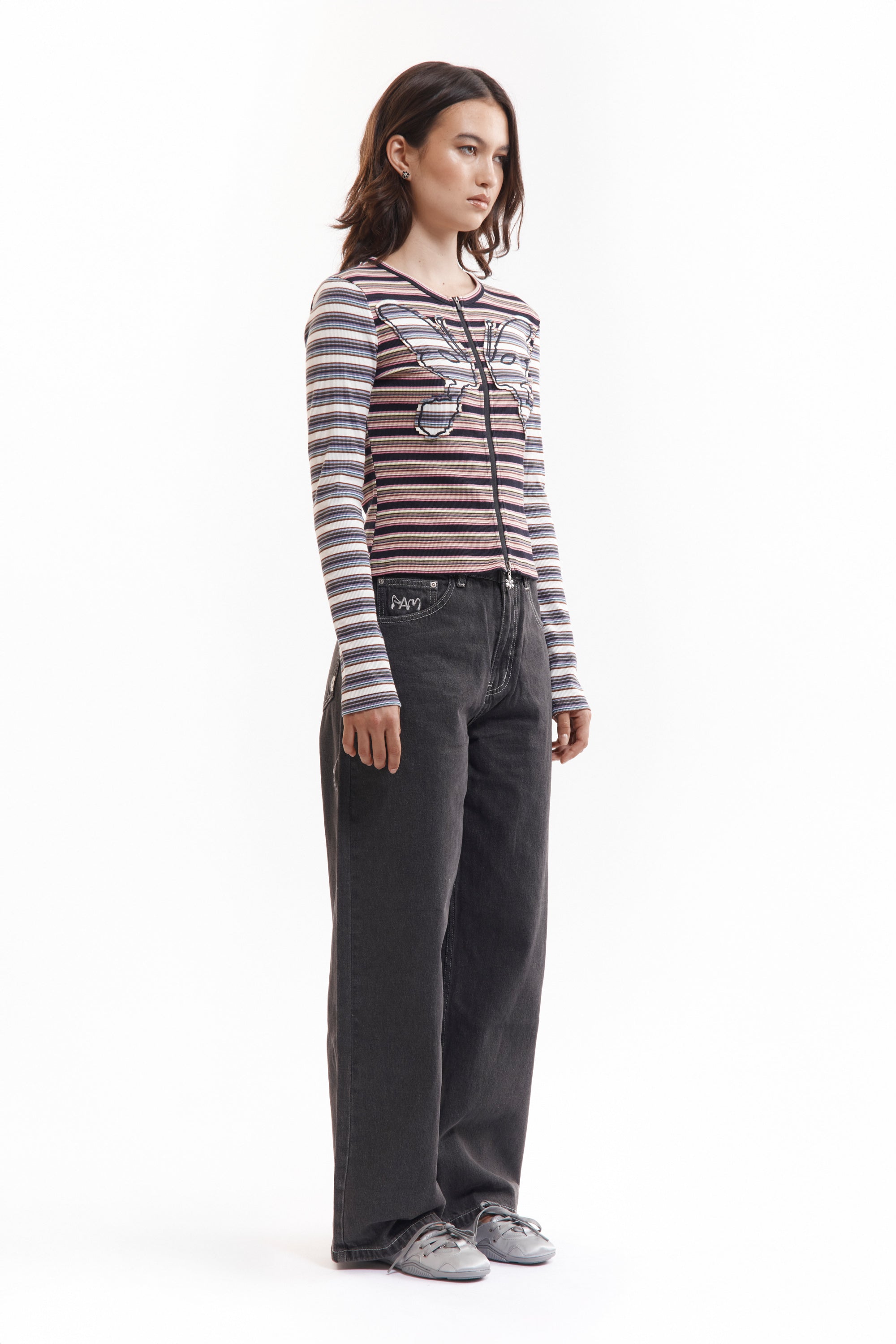 The LINE WALK STRIPED CARDIGAN available online with global shipping, and in PAM Stores Melbourne and Sydney.