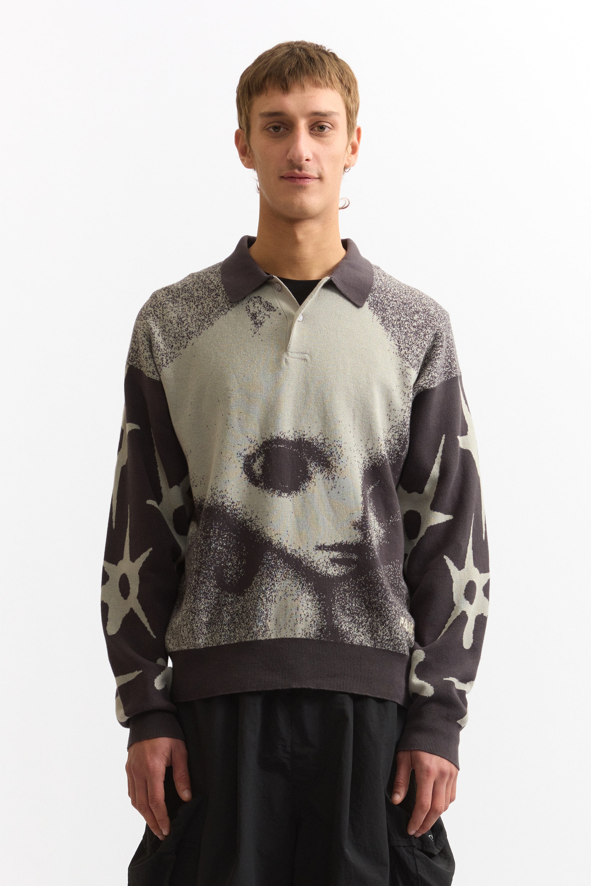 The CELESTIAL KNITTED POLO SWEATER available online with global shipping, and in PAM Stores Melbourne and Sydney.