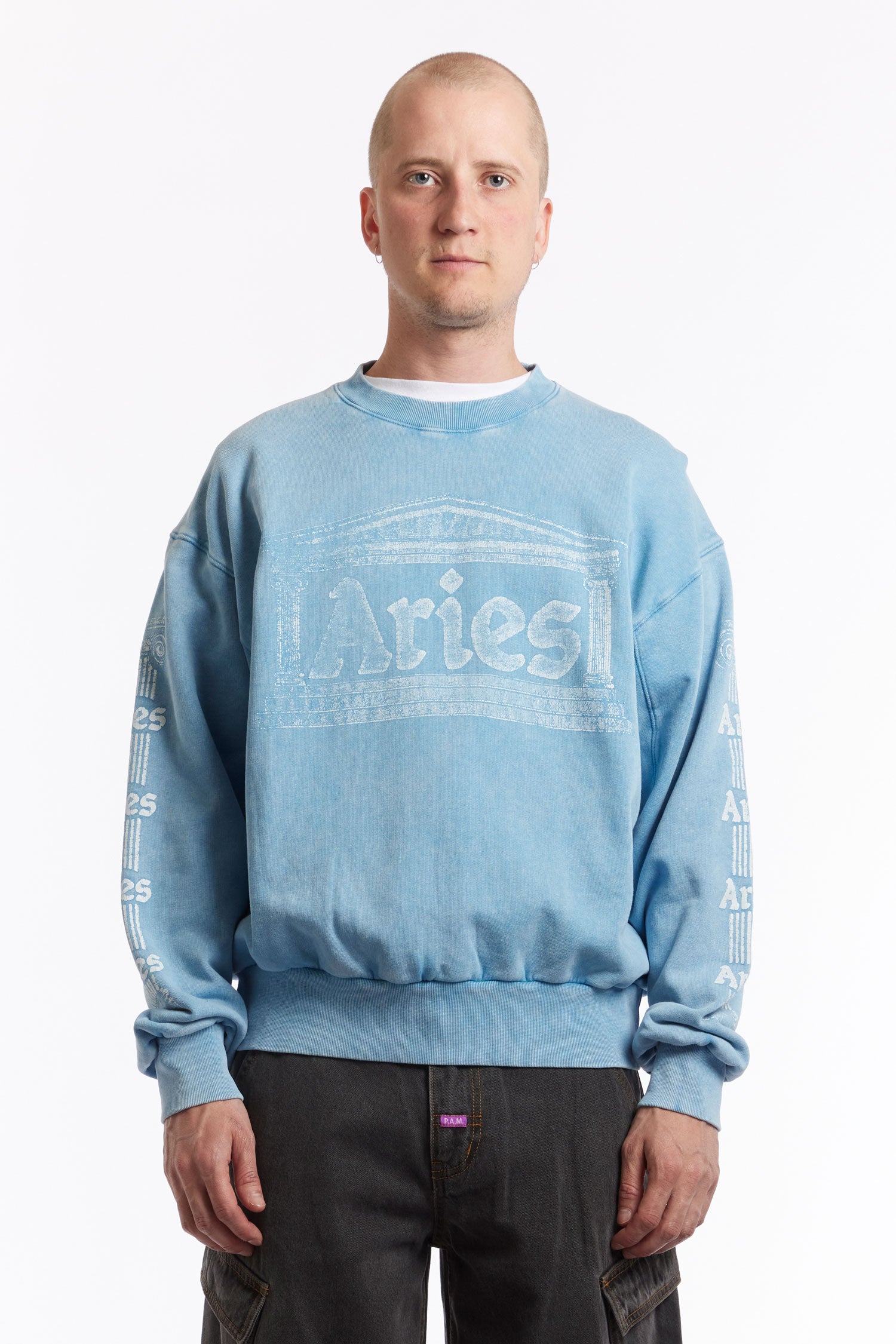 The ARIES - AGED ANCIENT COLUMN SWEATSHIRT PALE BLUE available online with global shipping, and in PAM Stores Melbourne and Sydney.