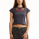 The BAT WEB EMBROIDERED CROPPED WOMEN'S TEE BLACK available online with global shipping, and in PAM Stores Melbourne and Sydney.