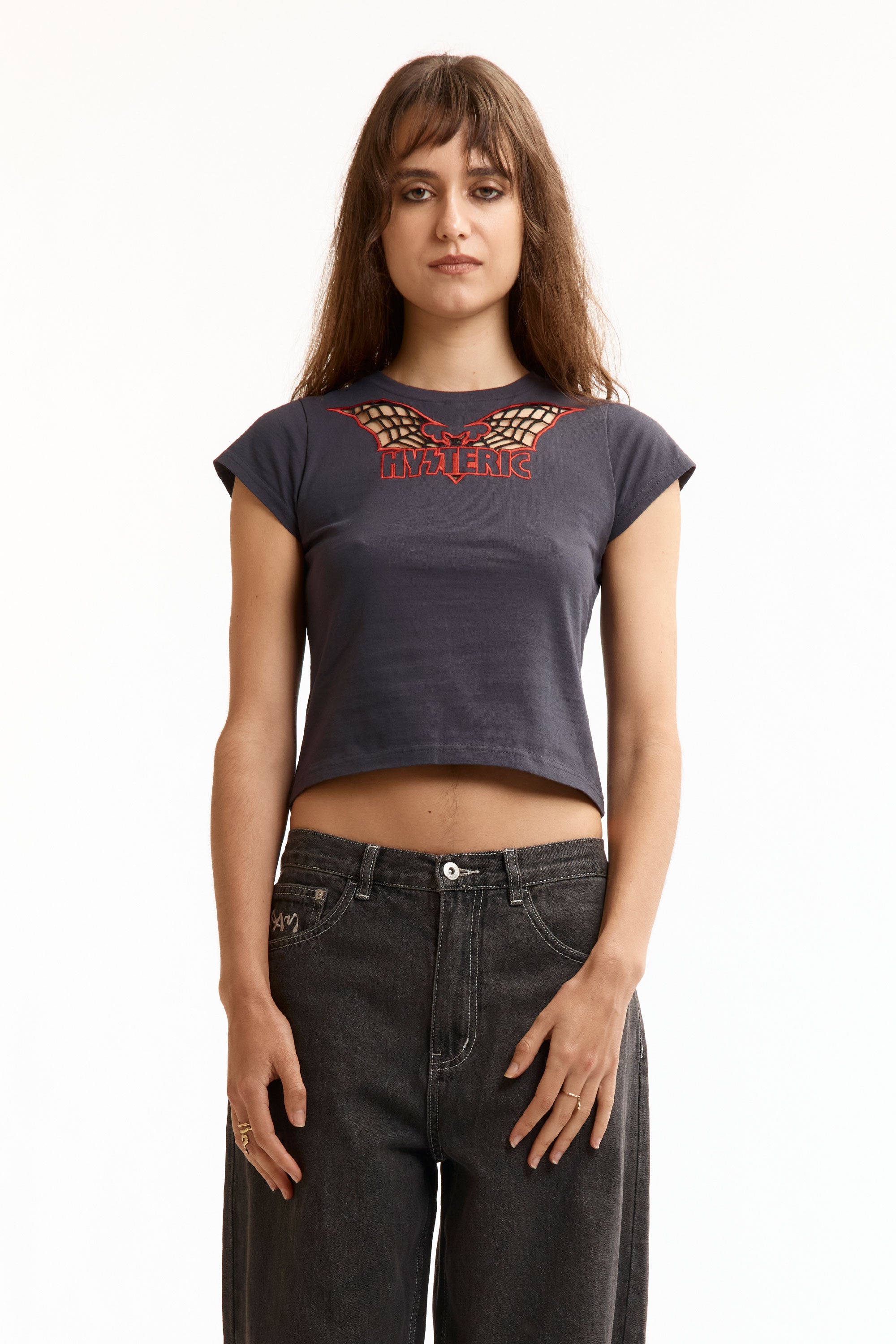 The BAT WEB EMBROIDERED CROPPED WOMEN'S TEE BLACK available online with global shipping, and in PAM Stores Melbourne and Sydney.