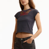 The BAT WEB EMBROIDERED CROPPED WOMEN'S TEE BLACK available online with global shipping, and in PAM Stores Melbourne and Sydney.