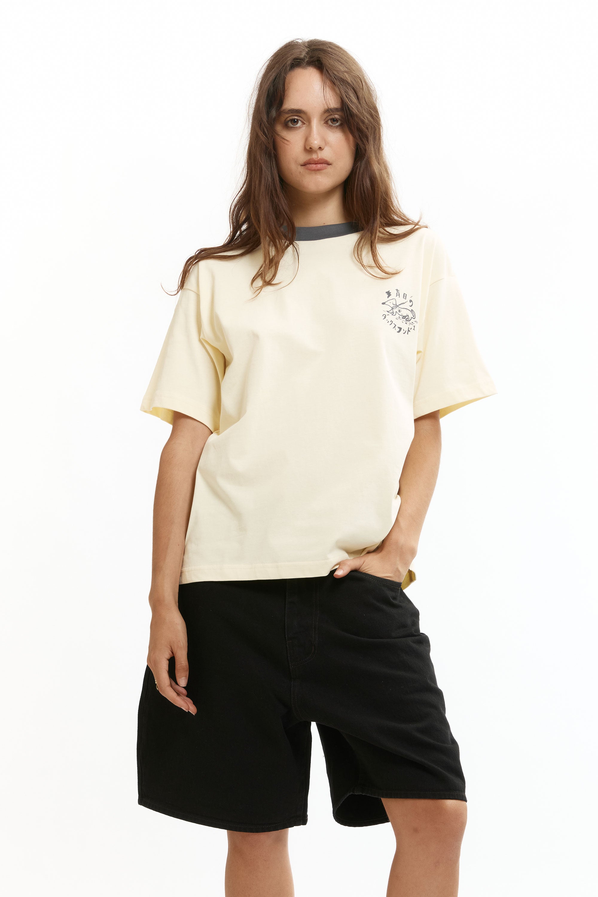 The BLIND DACHSHUND T-SHIRT YELLOW available online with global shipping, and in PAM Stores Melbourne and Sydney.