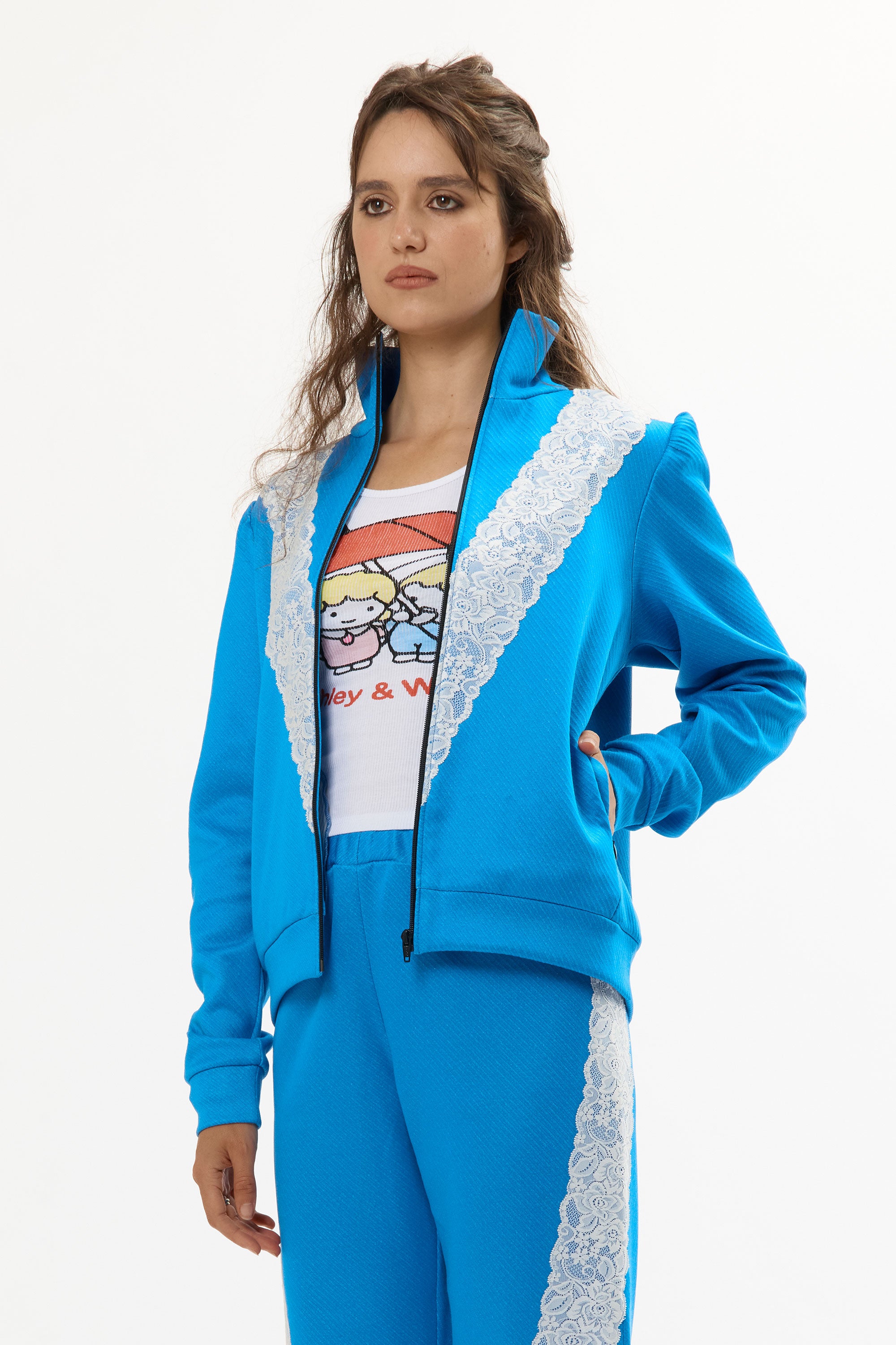The BLUE LACE TRACKSUIT JACKET available online with global shipping, and in PAM Stores Melbourne and Sydney.