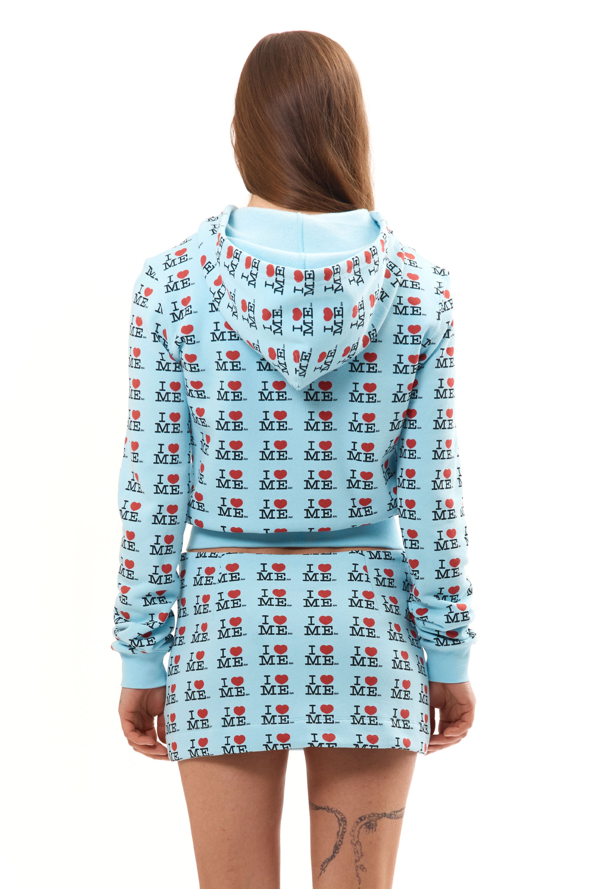 The I HEART ME BLUE SHRUNK HOODIE available online with global shipping, and in PAM Stores Melbourne and Sydney.