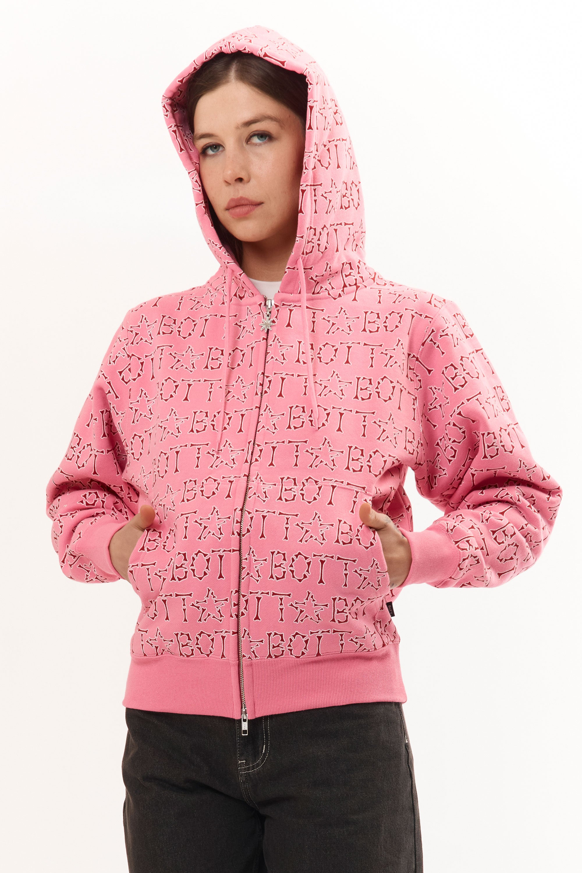 The Bone Zip Hoodie Pink available online with global shipping, and in PAM Stores Melbourne and Sydney.