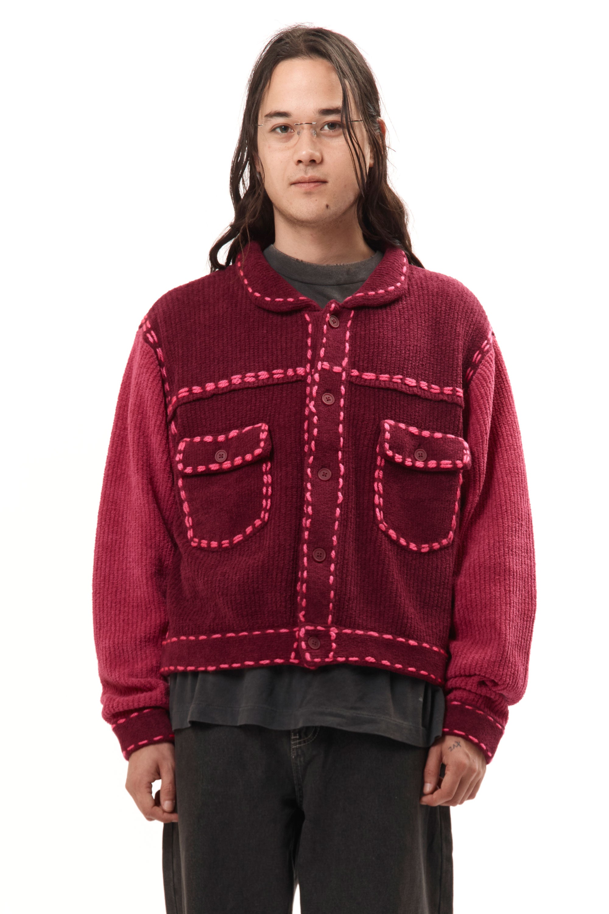 The PG1 KNIT CARIGAN BURGUNDY available online with global shipping, and in PAM Stores Melbourne and Sydney.