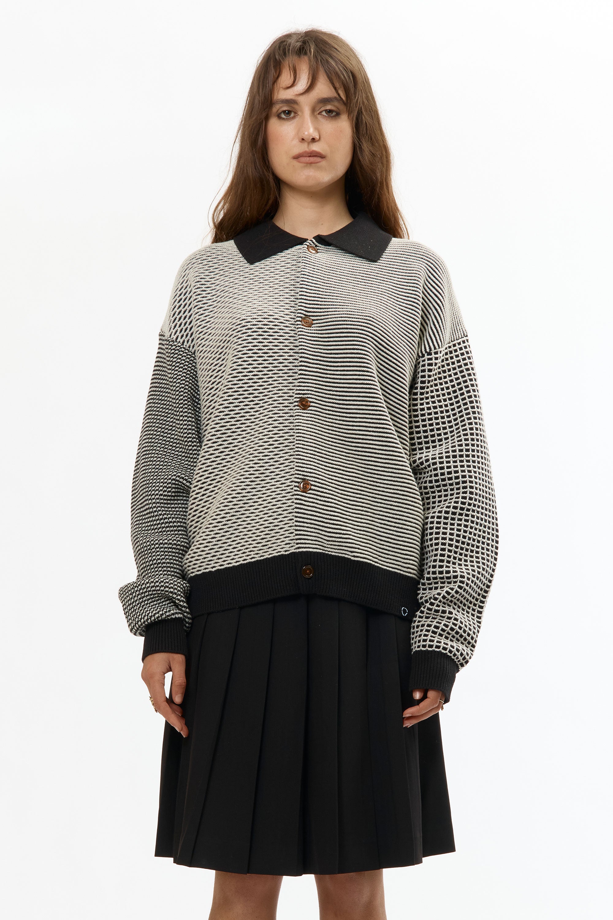 The MULTI KNIT SHIRT JACKET BLACK X WHITE available online with global shipping, and in PAM Stores Melbourne and Sydney.