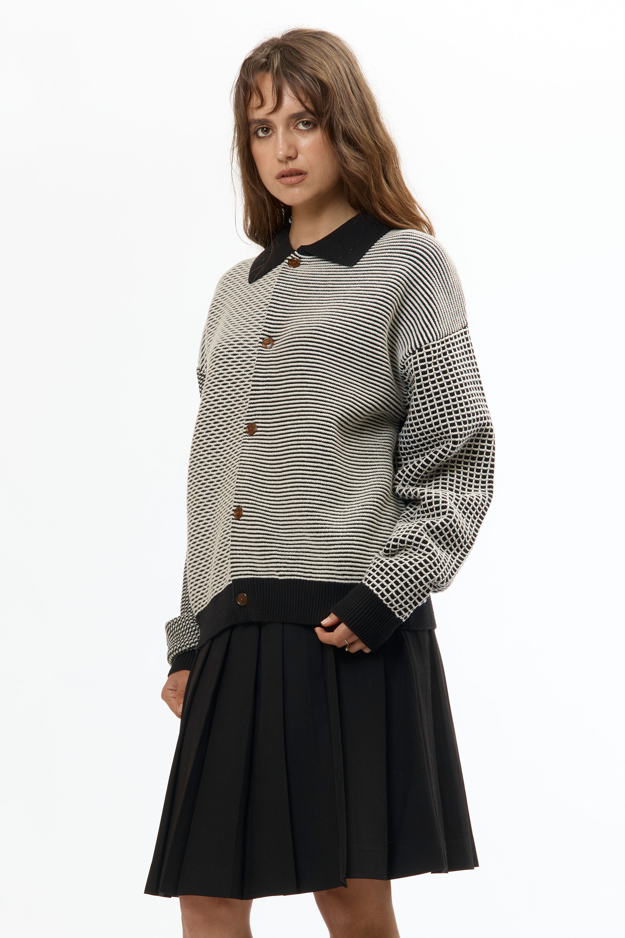 The MULTI KNIT SHIRT JACKET BLACK X WHITE available online with global shipping, and in PAM Stores Melbourne and Sydney.