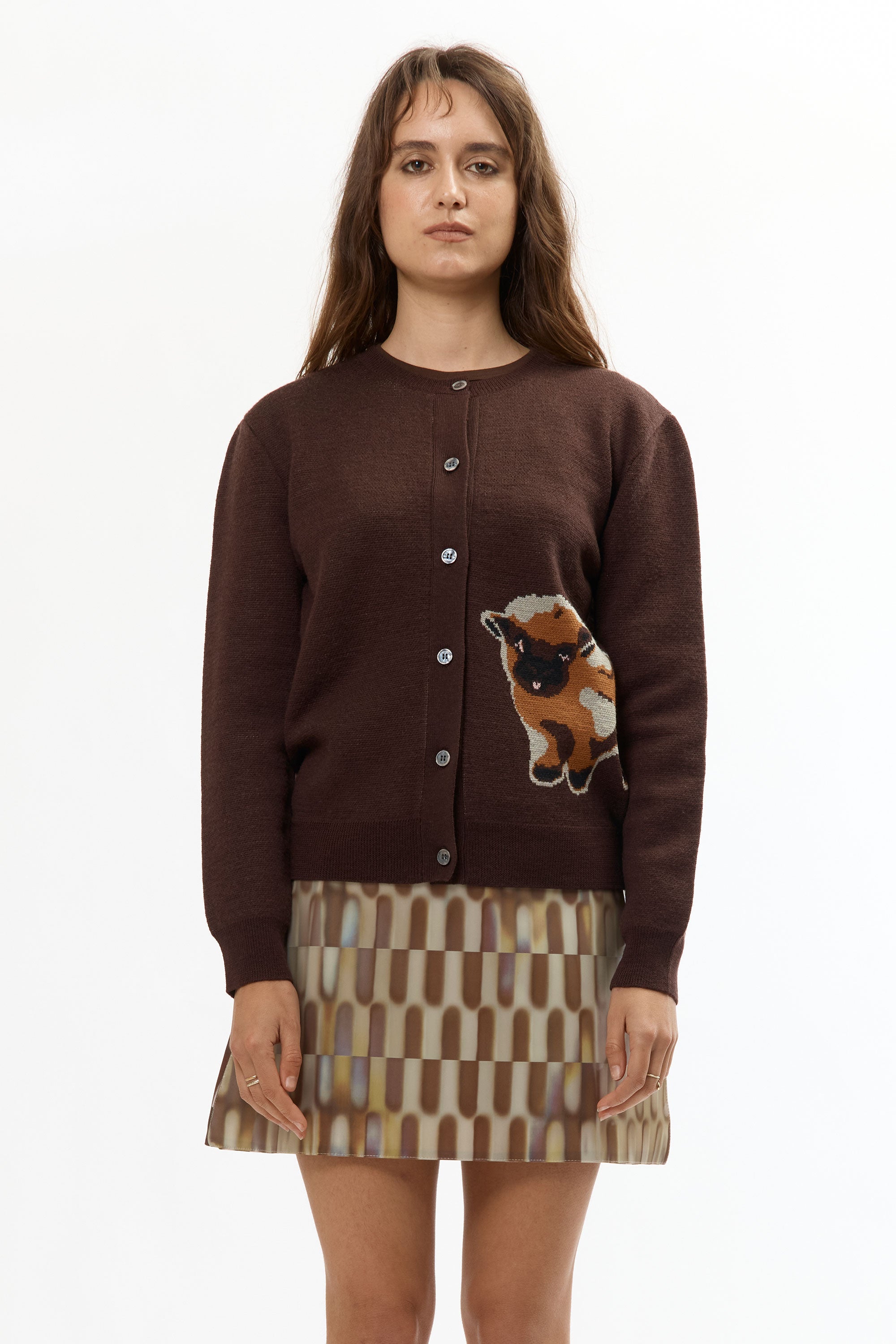 The BROWN BABY JACQUARD CALF CARDIGAN available online with global shipping, and in PAM Stores Melbourne and Sydney.