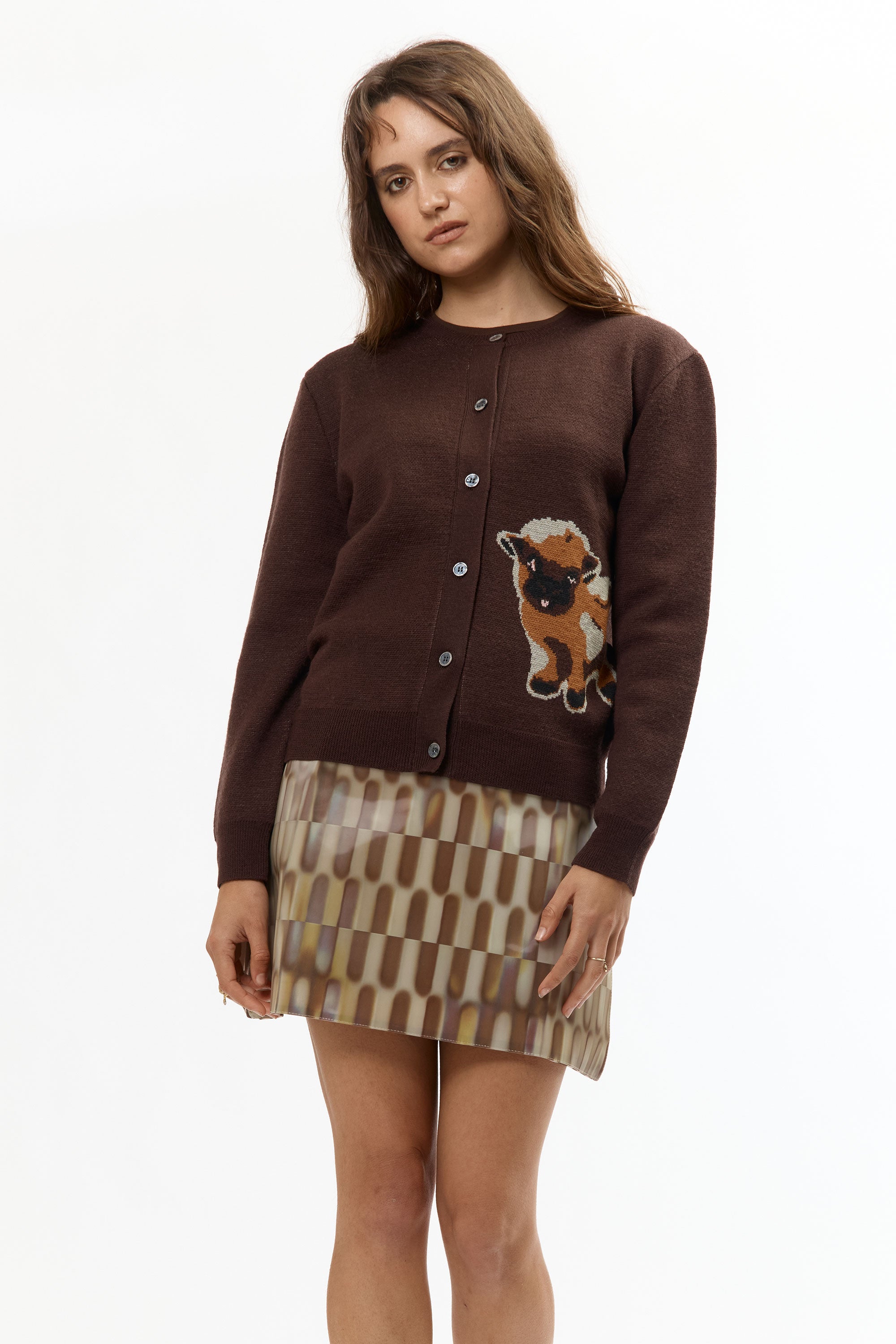 The BROWN BABY JACQUARD CALF CARDIGAN available online with global shipping, and in PAM Stores Melbourne and Sydney.