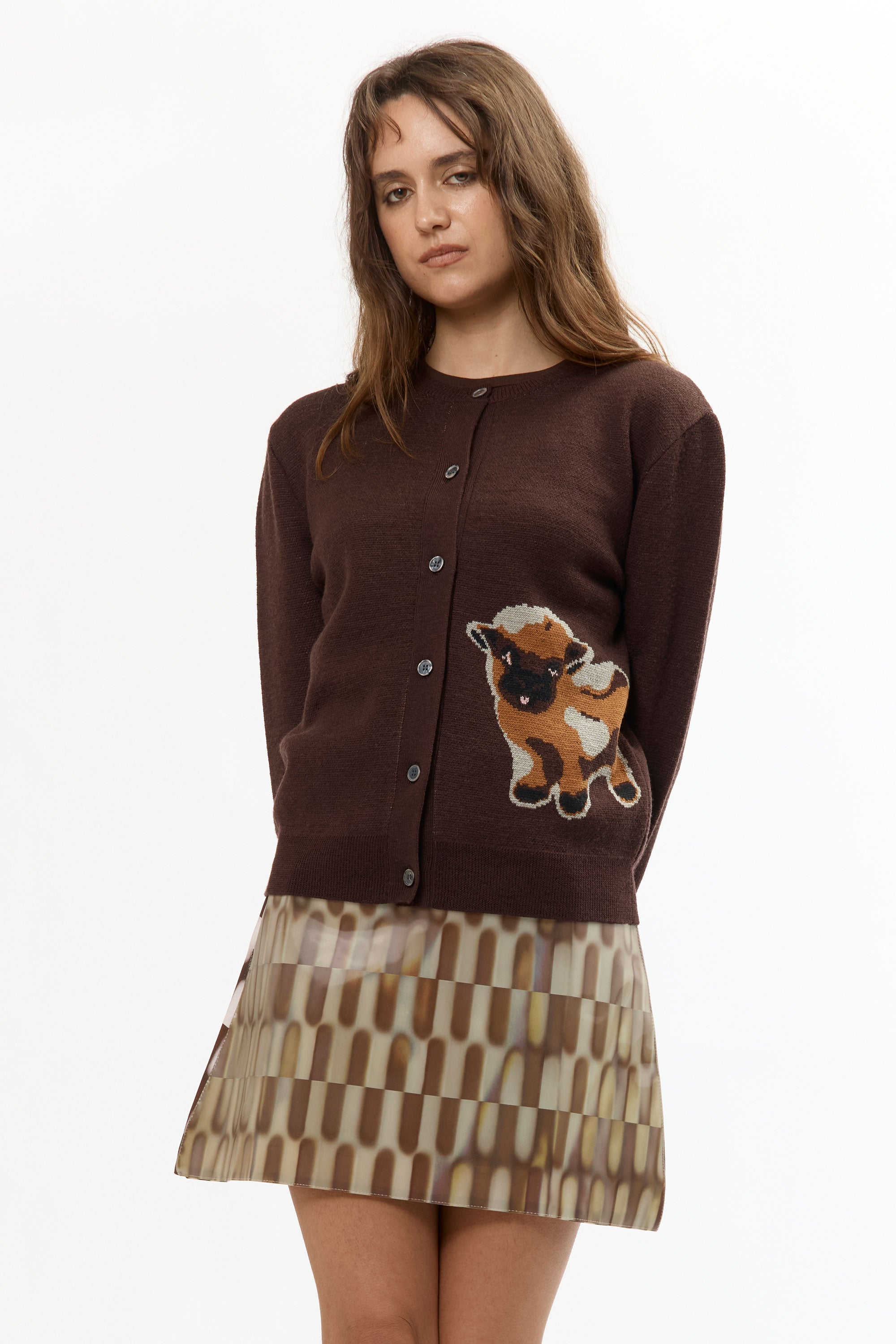 The BROWN BABY JACQUARD CALF CARDIGAN available online with global shipping, and in PAM Stores Melbourne and Sydney.