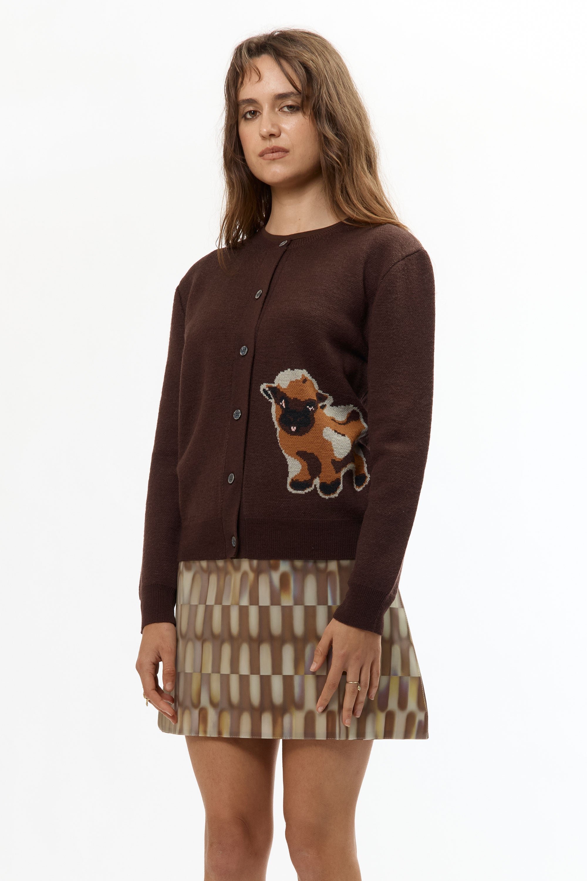 The BROWN BABY JACQUARD CALF CARDIGAN available online with global shipping, and in PAM Stores Melbourne and Sydney.