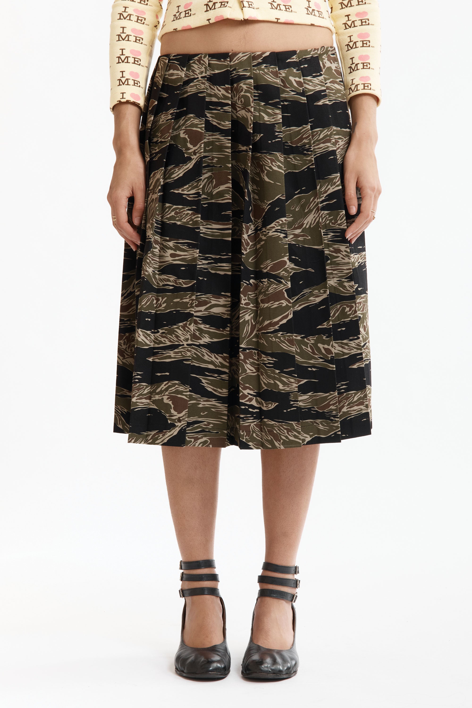 The CAMO PLEATED SKIRT available online with global shipping, and in PAM Stores Melbourne and Sydney.