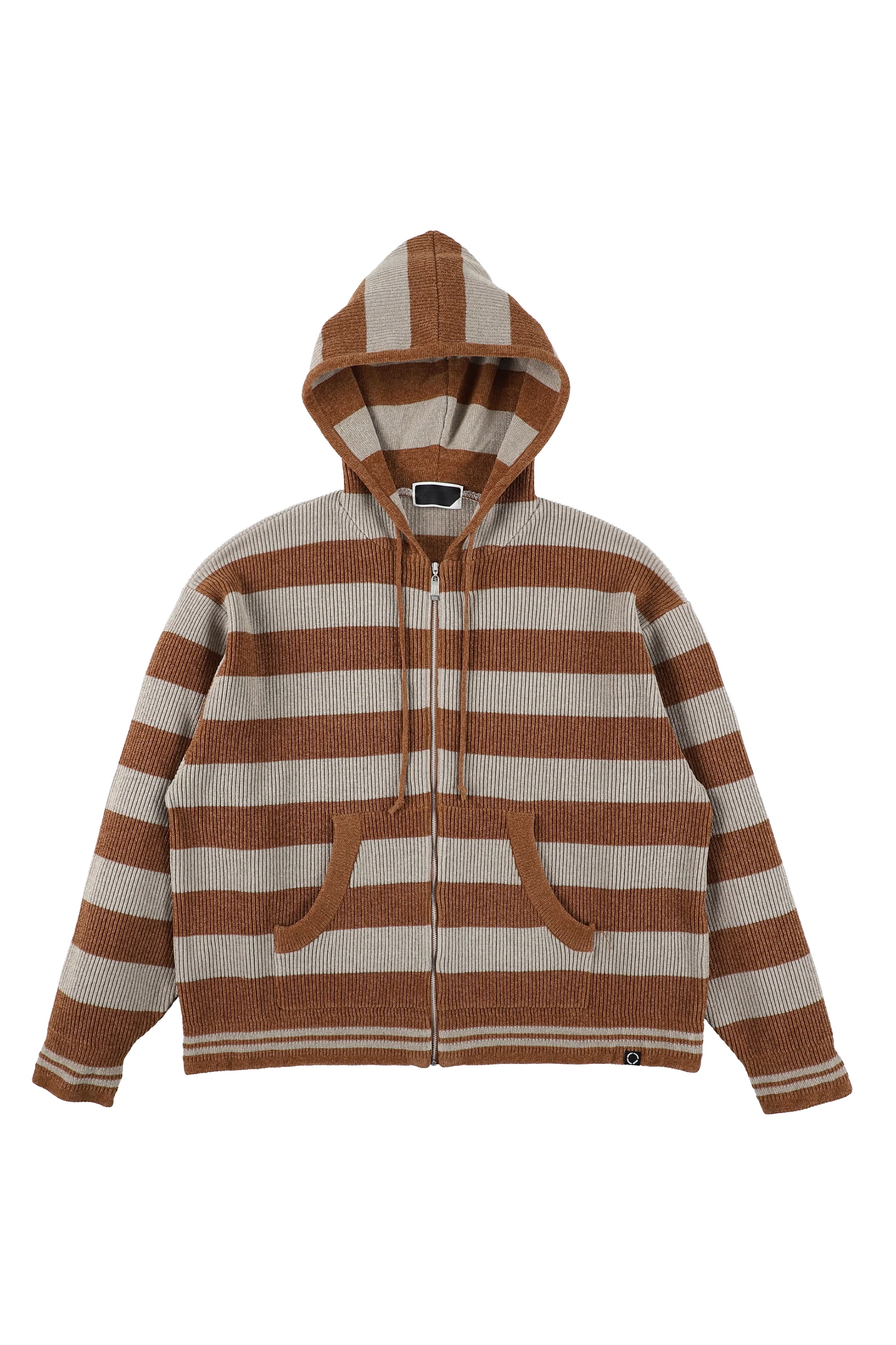 The CORDY KNIT ZIP HOODIE STRIPE GREY X BROWN available online with global shipping, and in PAM Stores Melbourne and Sydney.