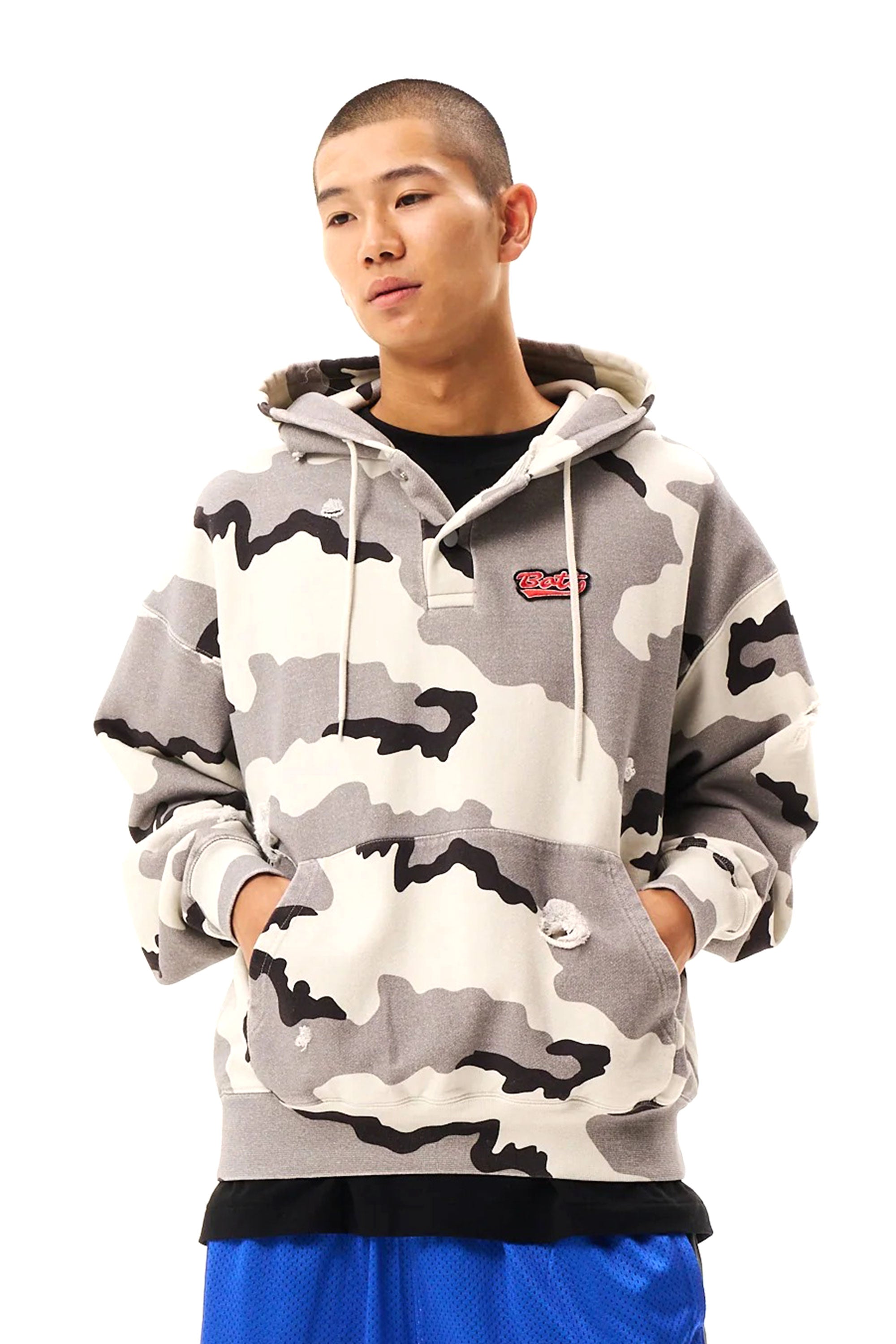 The Henley-neck Camo Hoodie Grey available online with global shipping, and in PAM Stores Melbourne and Sydney.