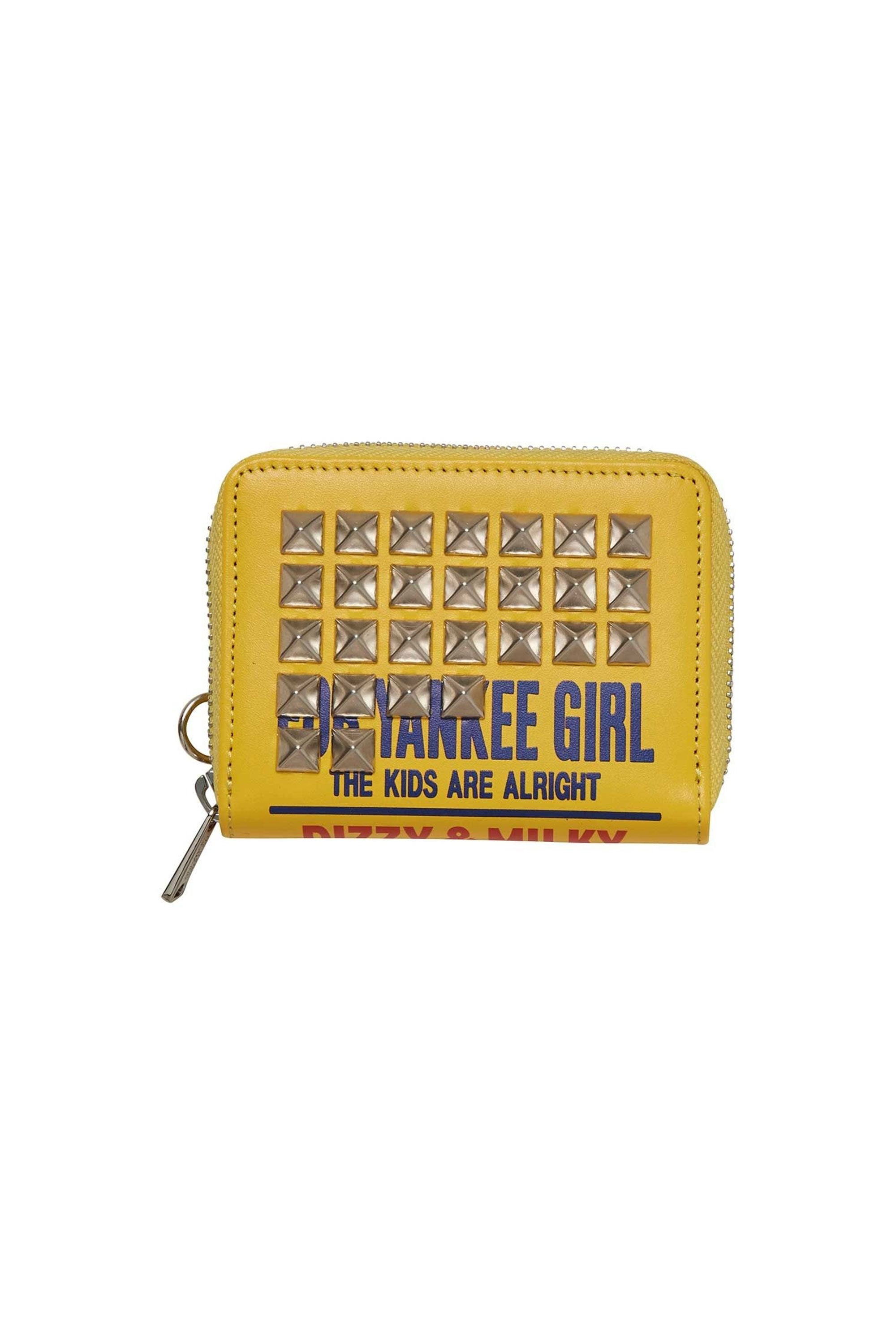The DIZZY & MILKY Studded Round-Zip Wallet Yellow available online with global shipping, and in PAM Stores Melbourne and Sydney.