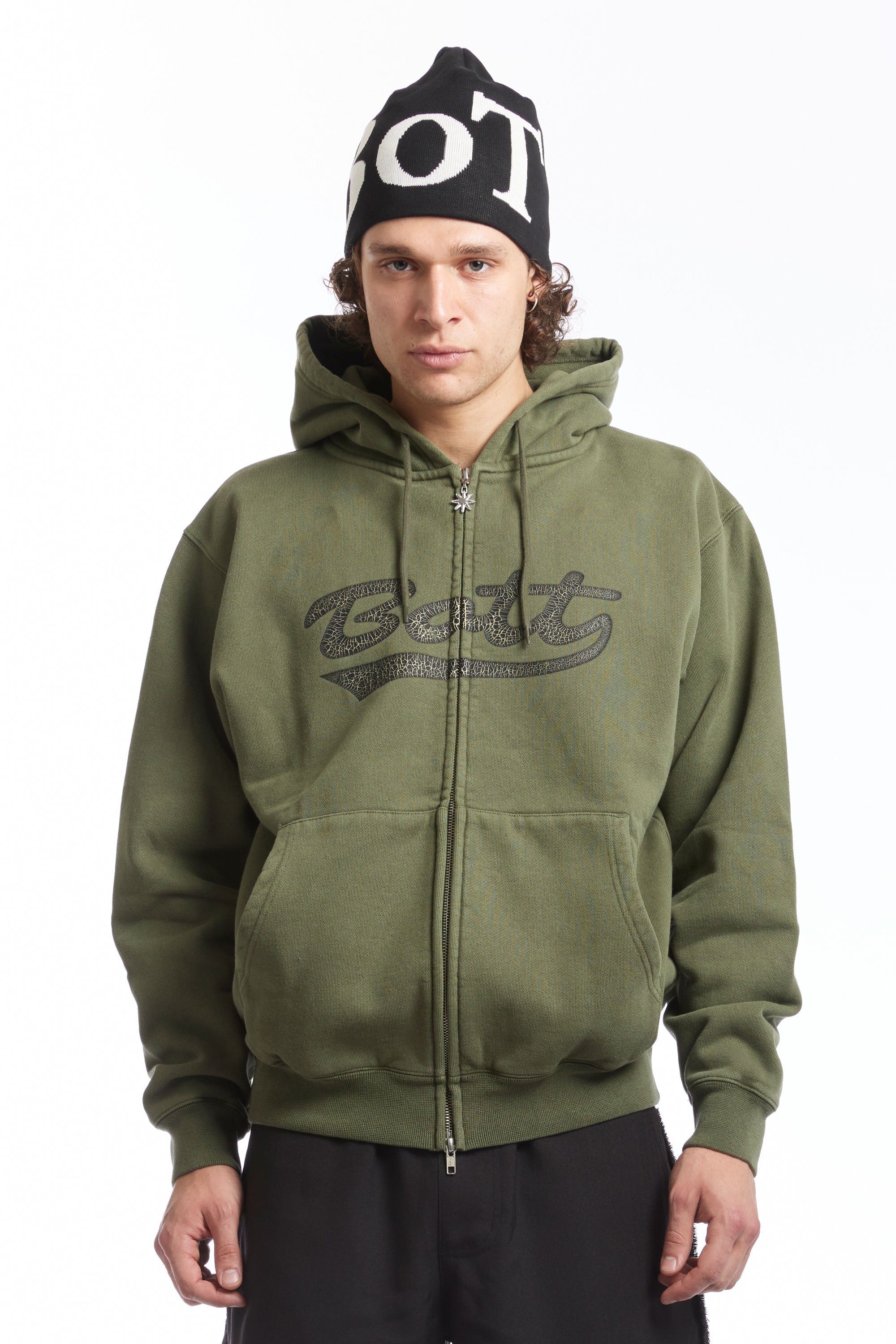 The Washed Script Logo Zip Hoodie Washed Olive available online with global shipping, and in PAM Stores Melbourne and Sydney.