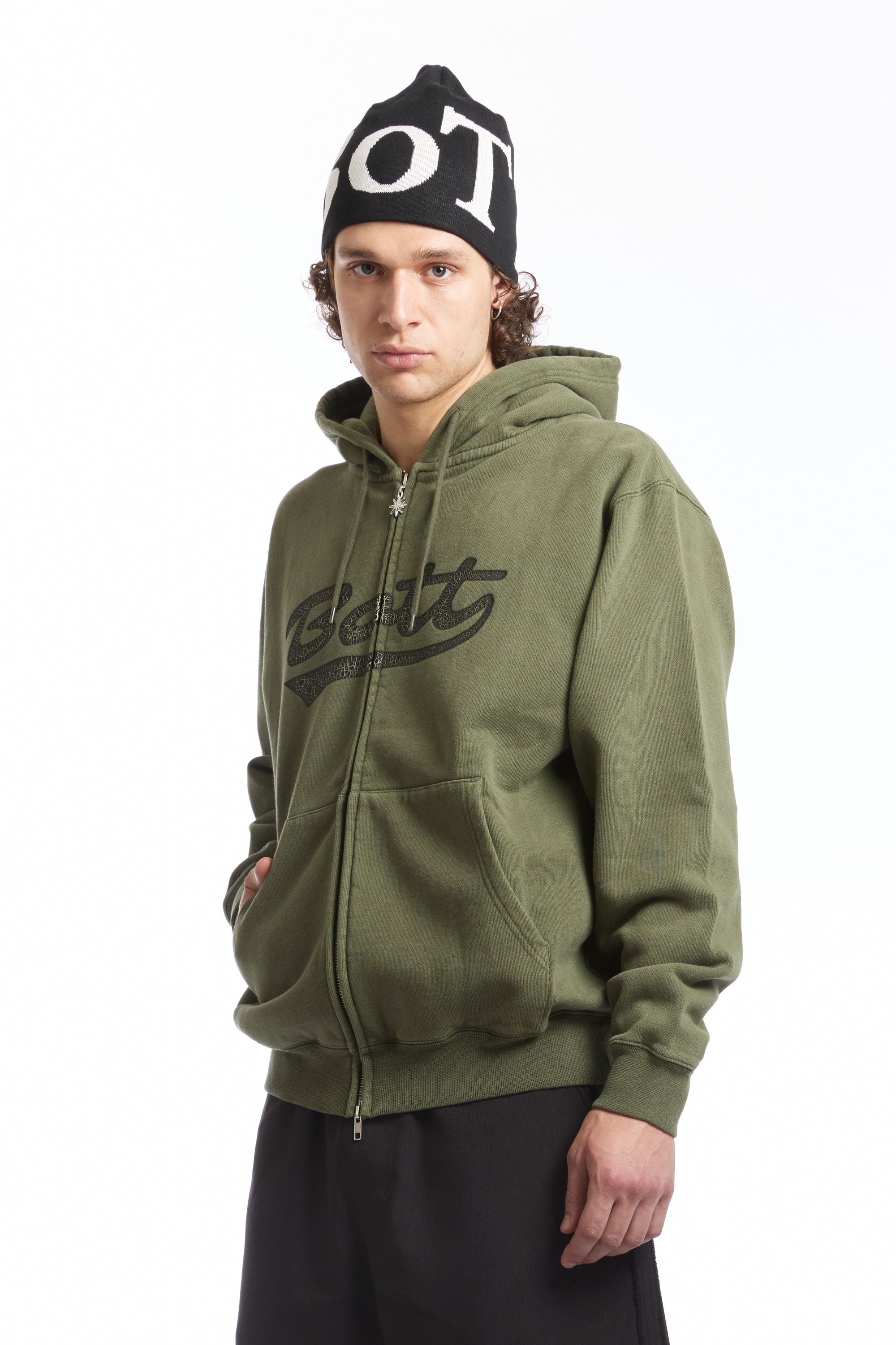 The Washed Script Logo Zip Hoodie Washed Olive available online with global shipping, and in PAM Stores Melbourne and Sydney.