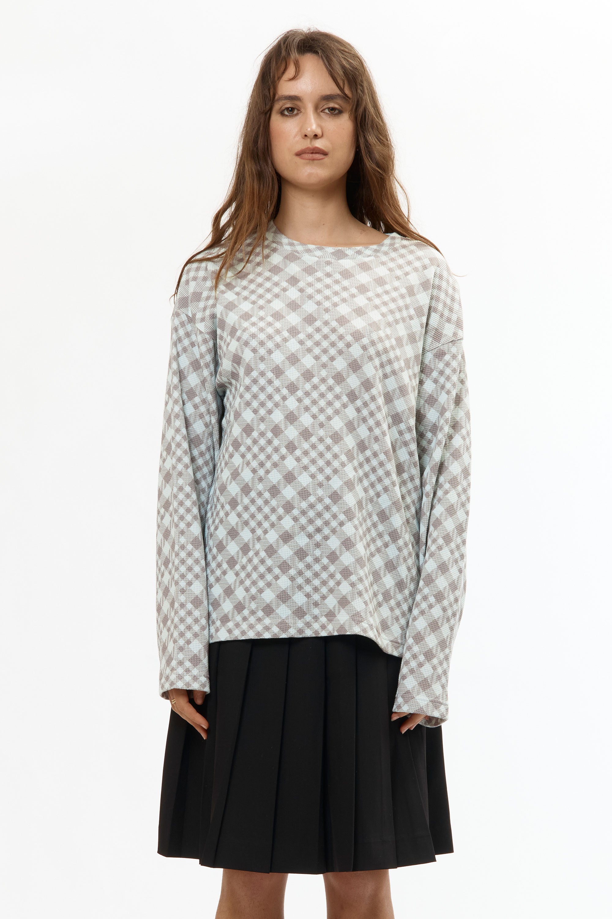 The GINGHAM L/S WAFFLE THERMAL SKY GREY available online with global shipping, and in PAM Stores Melbourne and Sydney.