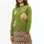 The VEGGIE PATCHWORK GREEN CARDIGAN available online with global shipping, and in PAM Stores Melbourne and Sydney.