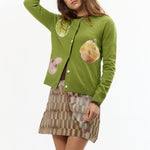 The VEGGIE PATCHWORK GREEN CARDIGAN available online with global shipping, and in PAM Stores Melbourne and Sydney.