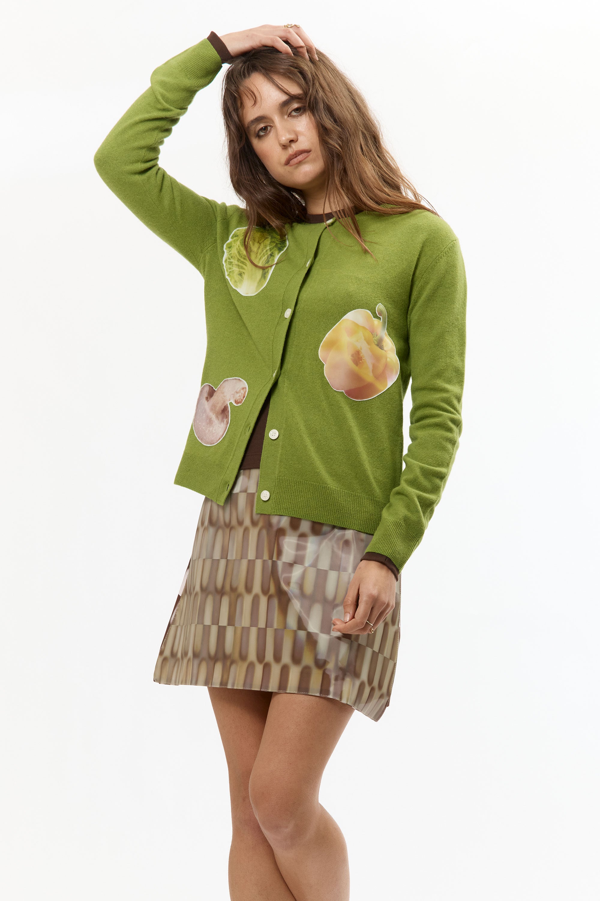 The VEGGIE PATCHWORK GREEN CARDIGAN available online with global shipping, and in PAM Stores Melbourne and Sydney.
