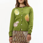 The VEGGIE PATCHWORK GREEN CARDIGAN available online with global shipping, and in PAM Stores Melbourne and Sydney.
