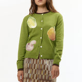 The VEGGIE PATCHWORK GREEN CARDIGAN available online with global shipping, and in PAM Stores Melbourne and Sydney.