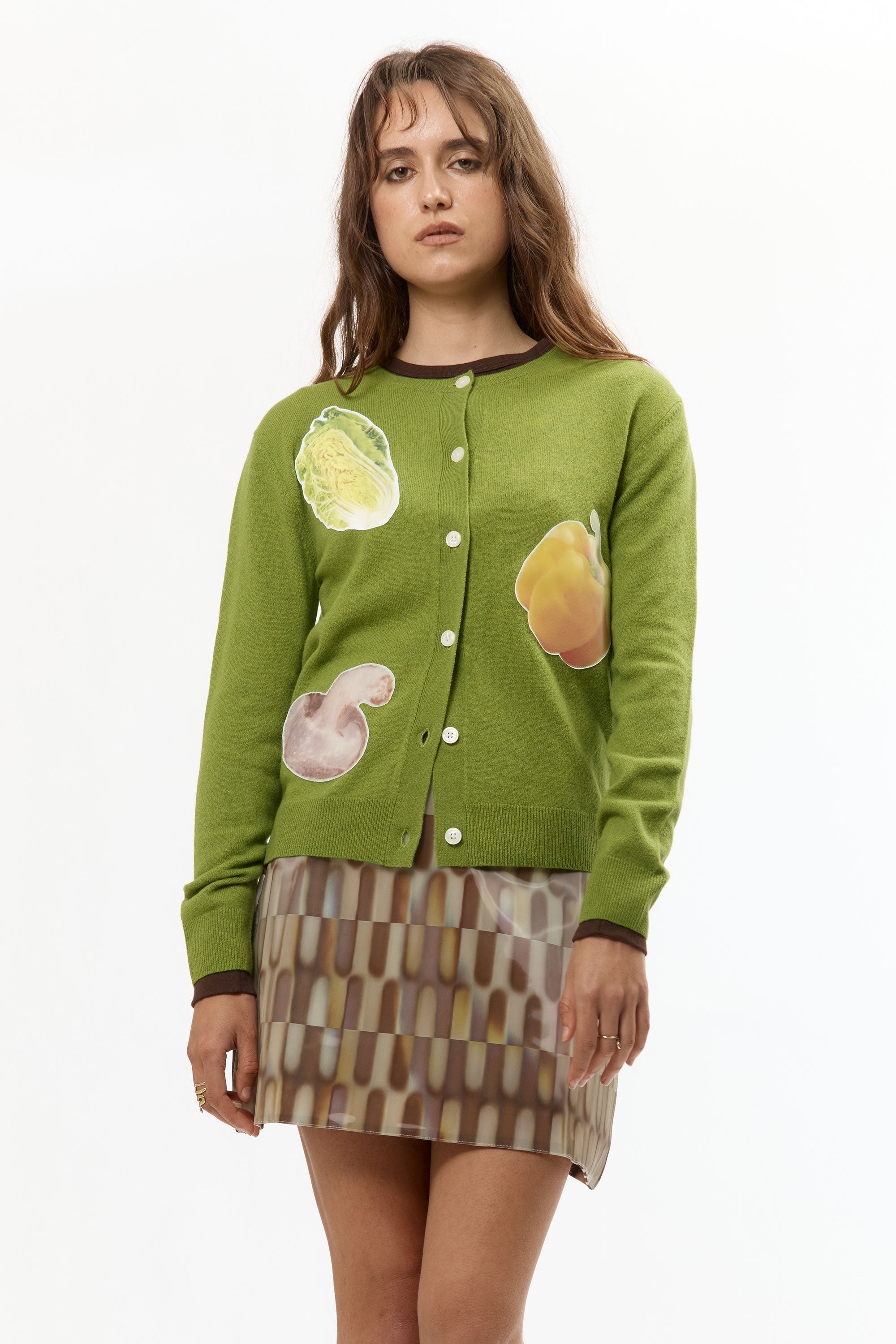 The VEGGIE PATCHWORK GREEN CARDIGAN available online with global shipping, and in PAM Stores Melbourne and Sydney.