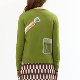 The VEGGIE PATCHWORK GREEN CARDIGAN available online with global shipping, and in PAM Stores Melbourne and Sydney.