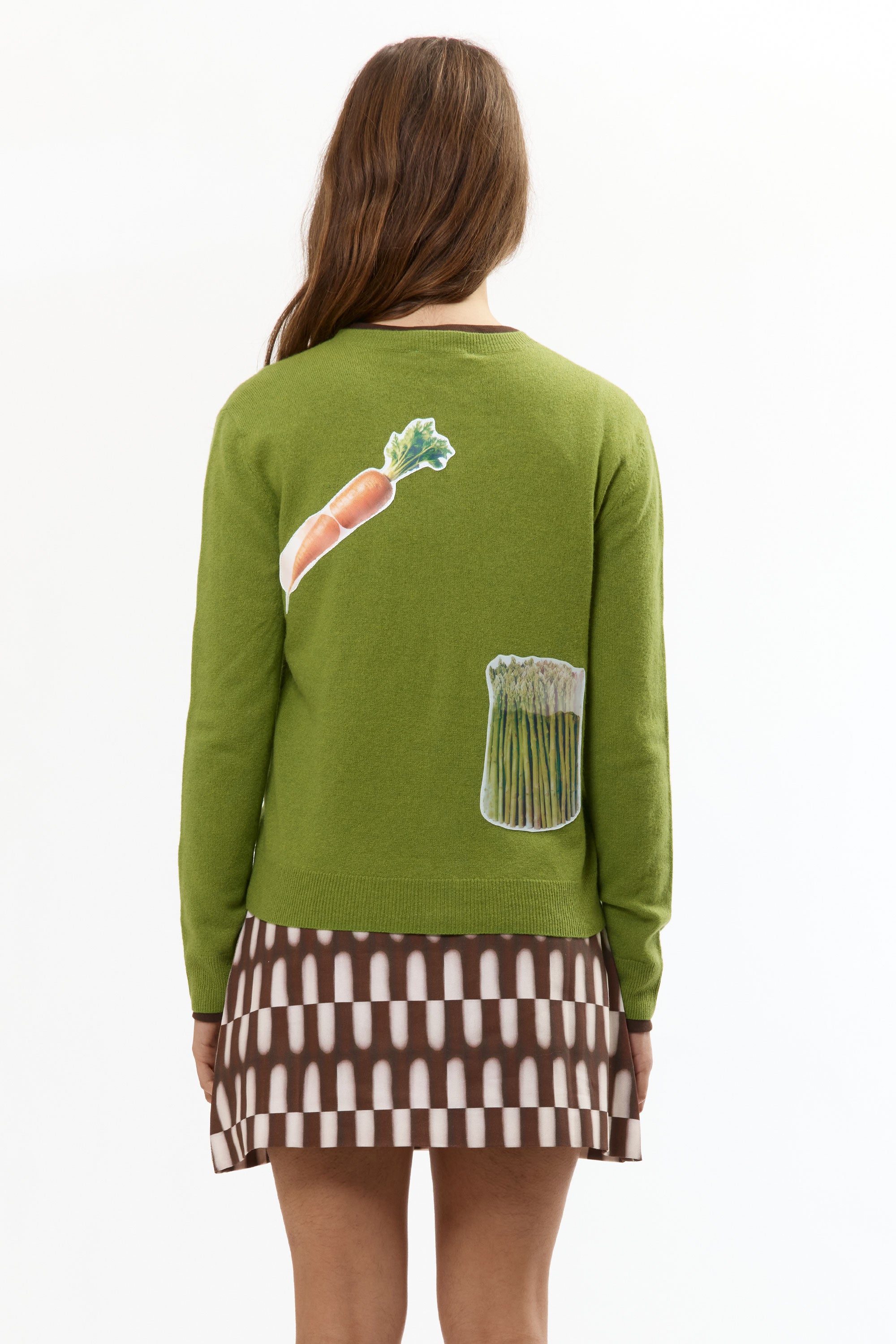 The VEGGIE PATCHWORK GREEN CARDIGAN available online with global shipping, and in PAM Stores Melbourne and Sydney.