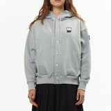 The VISOR BUTTON HOODIE HEATHER GREY available online with global shipping, and in PAM Stores Melbourne and Sydney.