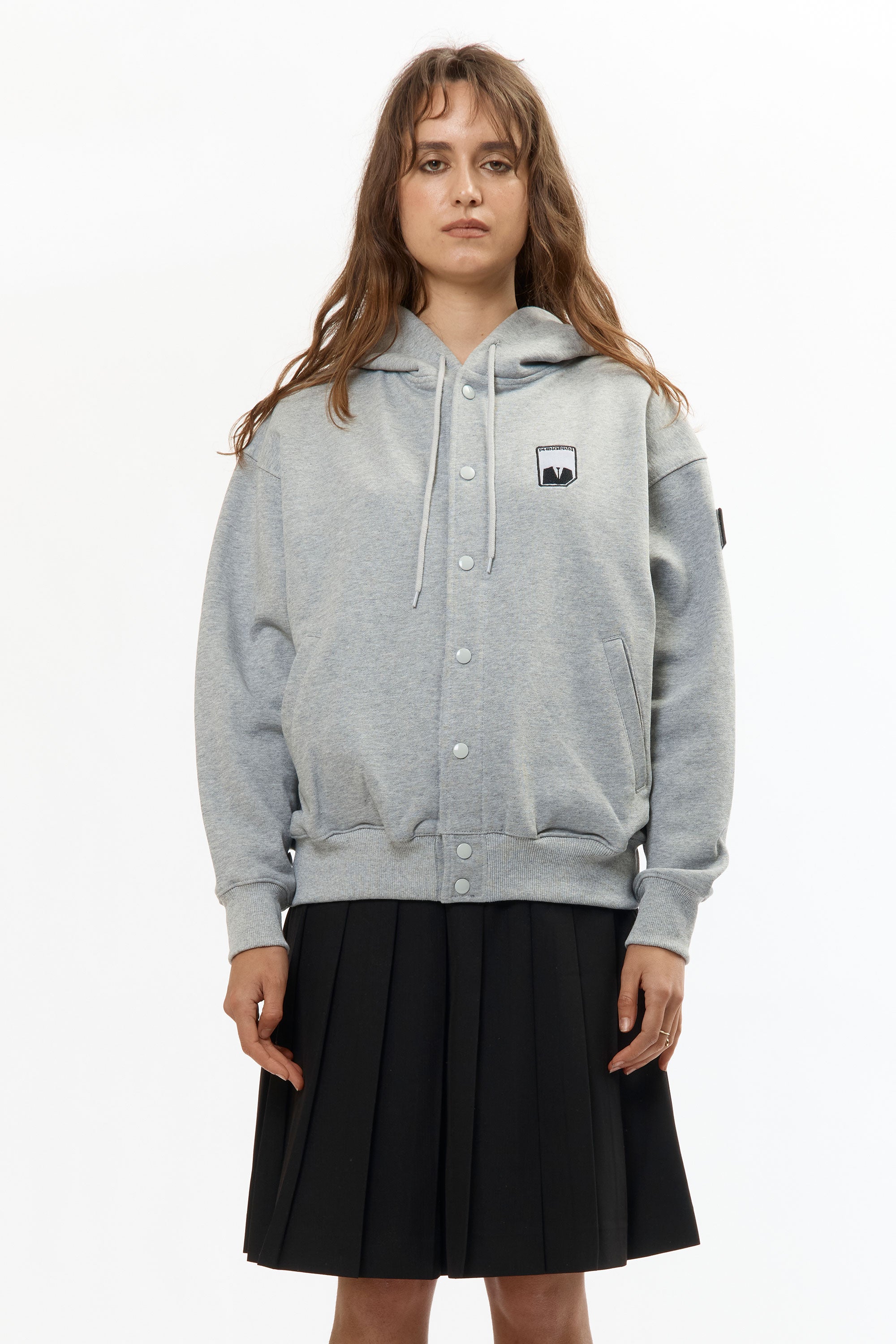 The VISOR BUTTON HOODIE HEATHER GREY available online with global shipping, and in PAM Stores Melbourne and Sydney.