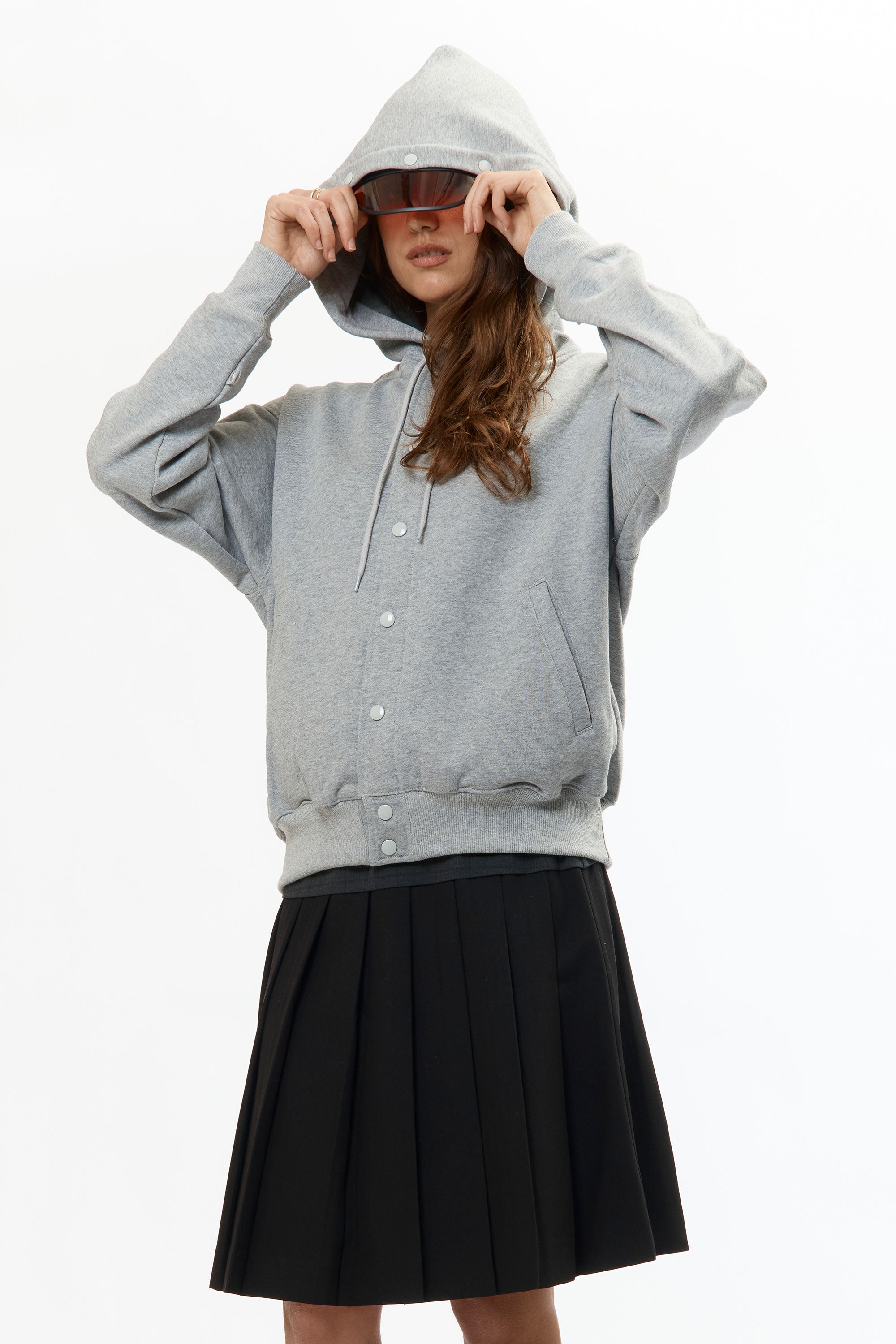 The VISOR BUTTON HOODIE HEATHER GREY available online with global shipping, and in PAM Stores Melbourne and Sydney.