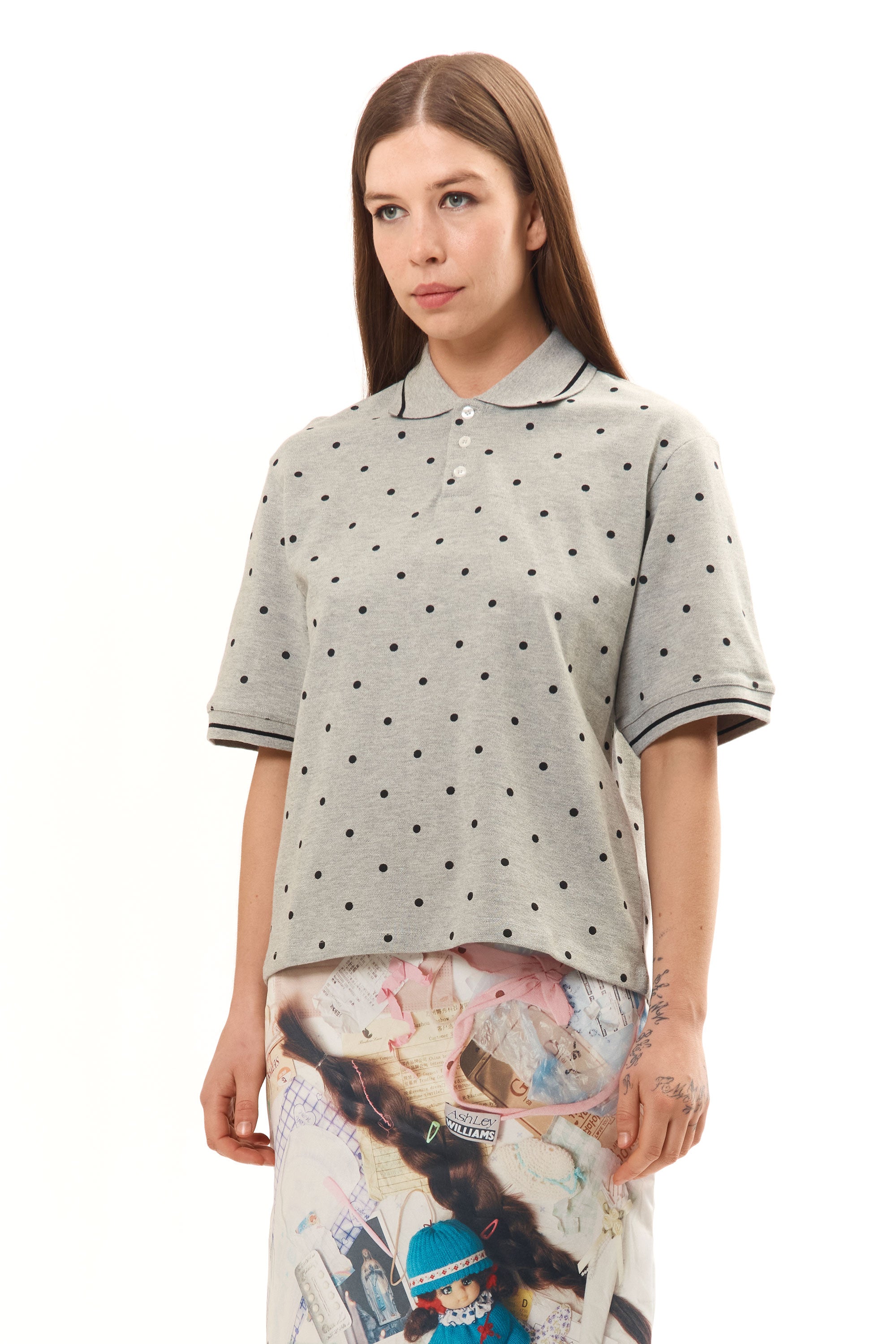 The GREY POLKA DOT POLO SHIRT available online with global shipping, and in PAM Stores Melbourne and Sydney.