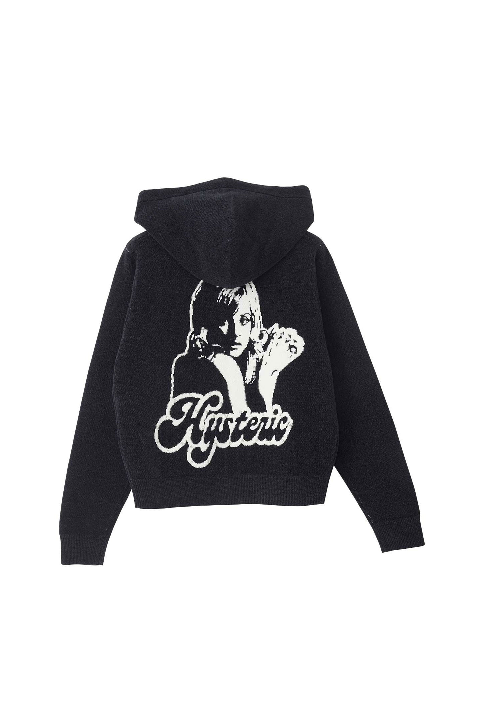 The HYSTERIC GIRL KNITTED HOODED PARKA BLACK available online with global shipping, and in PAM Stores Melbourne and Sydney.