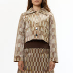 The LENTICULAR CROP BUTTON-UP JACKET TILE BROWN available online with global shipping, and in PAM Stores Melbourne and Sydney.